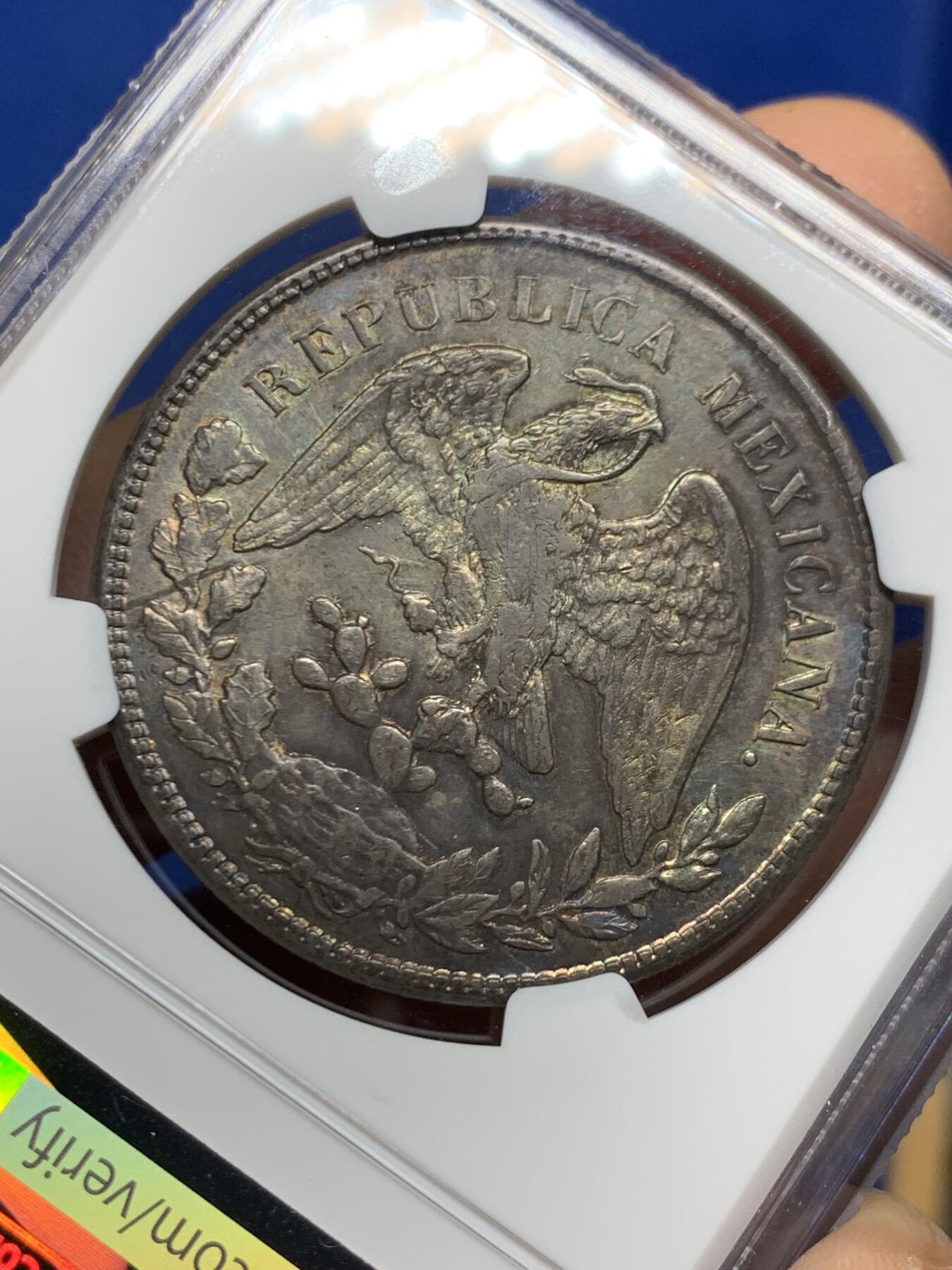 《竞宝斋》第462场 周日，周一，2场连拍 （全场包邮）欢迎送拍 NGC AUD 墨西哥1899年GORS版比索银币，五彩转光，非常漂亮的彩和状态，不理解为啥没分，可以尝试重评