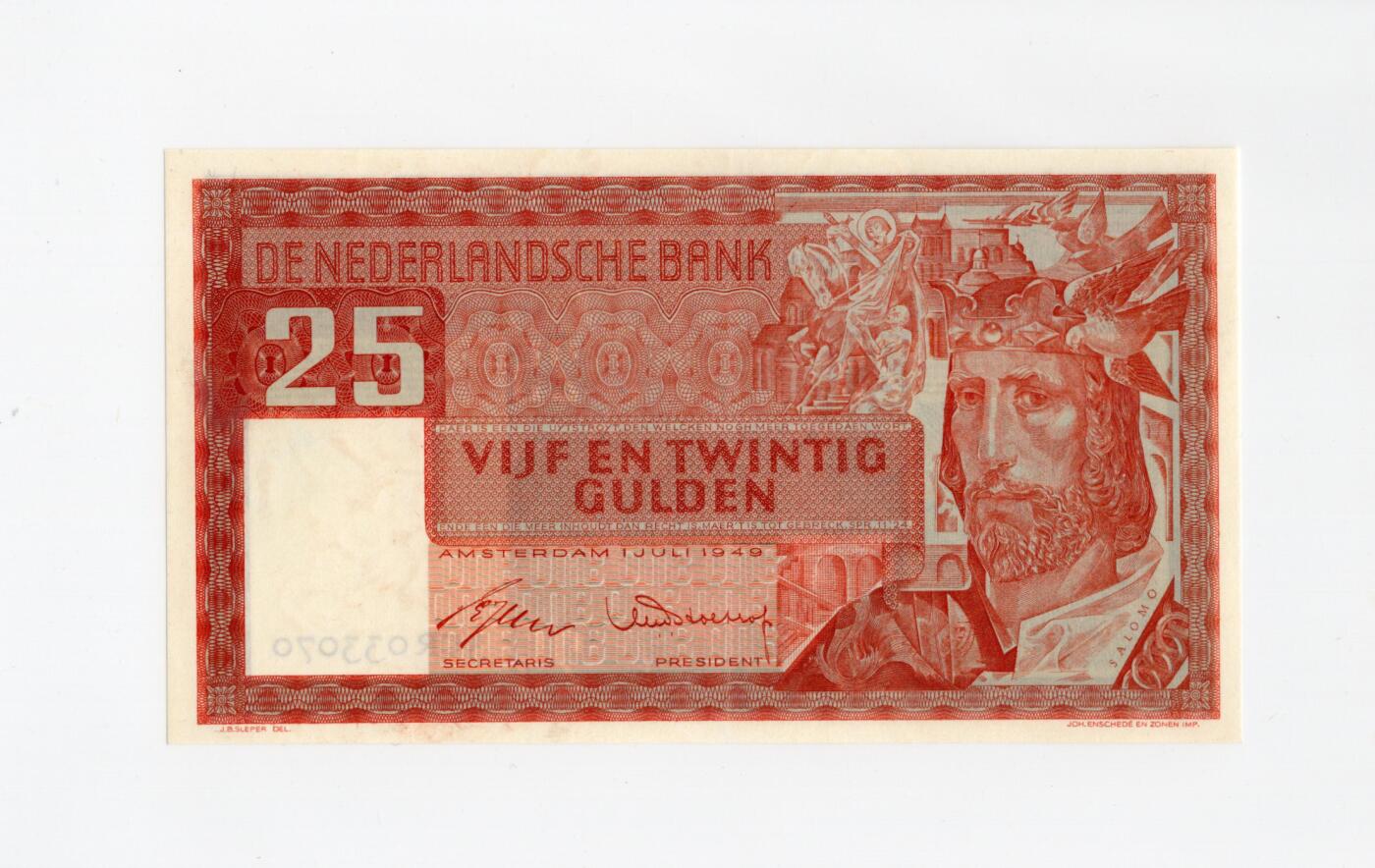 徐霞客拍卖首拍 荷兰	P-84 1949年25盾	AU+ 3CR033070 纸币正面的男性形象是荷兰“航海精神”的象征，代表着荷兰17世纪“黄金时代”的航海与贸易辉煌。承载着荷兰民众在战后艰难岁月里的希望与韧性，是一代人的集体记忆，这种历史情感赋予了纸币超越货币本身的收藏意义，这版1949年25盾是荷兰盾收藏序列中的“开门品种”，对资深藏家具有极高的吸引力。				