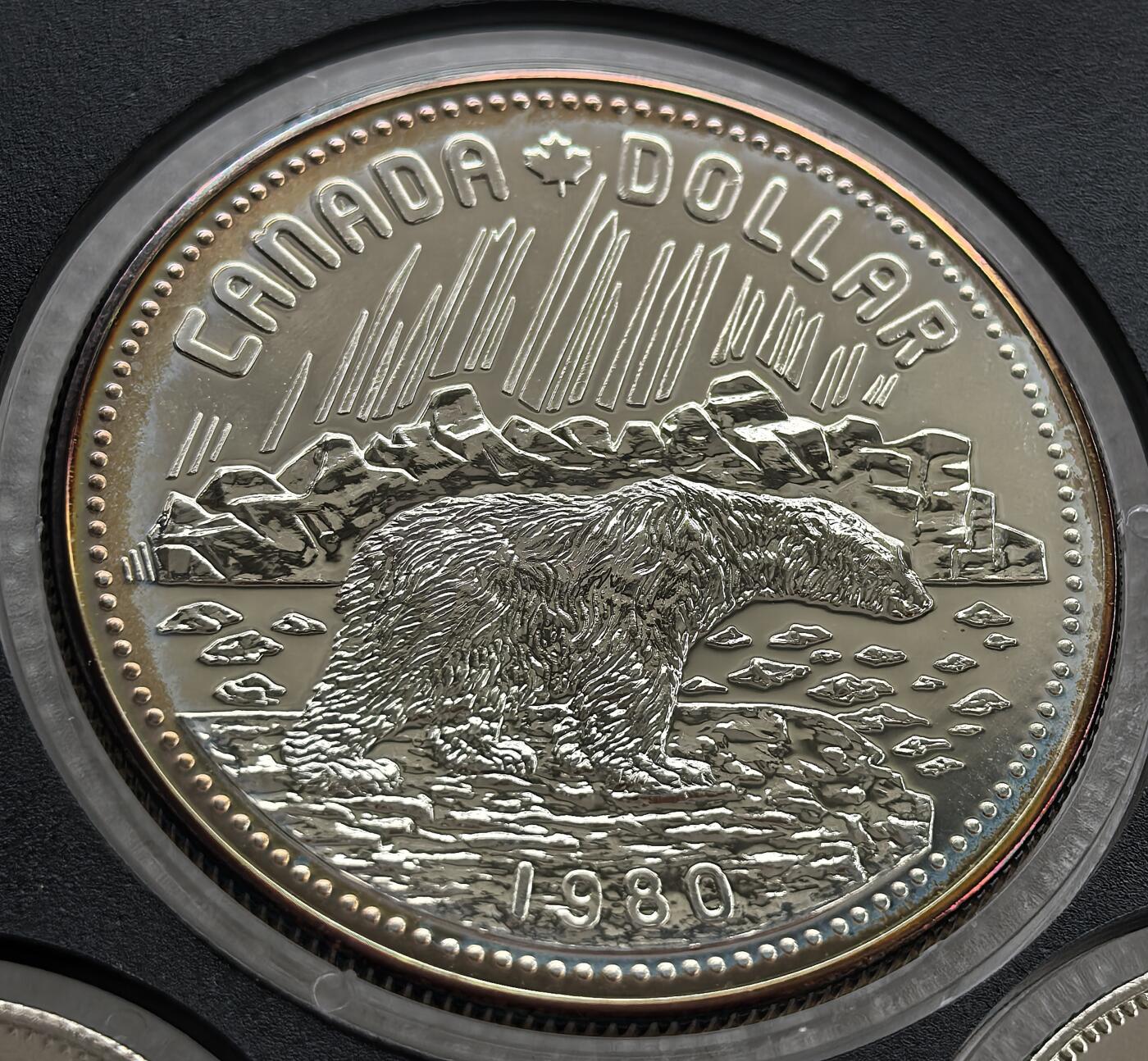 外国优质老铜币高银银币，周六九点倒数截拍，满百包邮，持续收拍 精制1980 年加拿大 1 元银币，正面为伊丽莎白二世头像，背面饰北极熊与北极冰川风光，尽显加拿大北极地域特色。银质光泽温润，品相完好，设计经典大气，是英联邦货币收藏的精品，兼具自然象征与历史收藏价值。