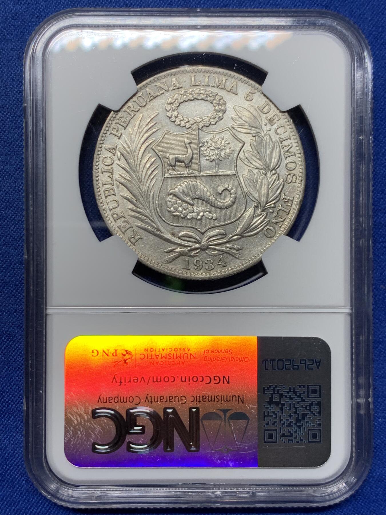 《竞宝斋》第462场 周日，周一，2场连拍 （全场包邮）欢迎送拍 NGC AUD 秘鲁 1934年 女神 1索尔 银币