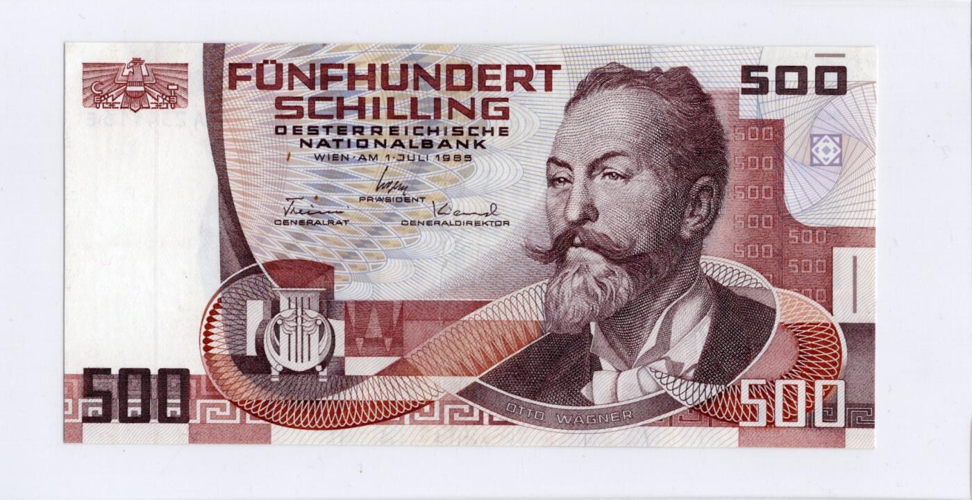 徐霞客拍卖首拍 奥地利	P-151 1985年500先令	A234116E au	正面主像为奥地利建筑师、维也纳分离派代表人物奥托·瓦格纳，设计融入瓦格纳建筑作品装饰元素，采用红棕渐变套印与精细雕刻凹印工艺。			