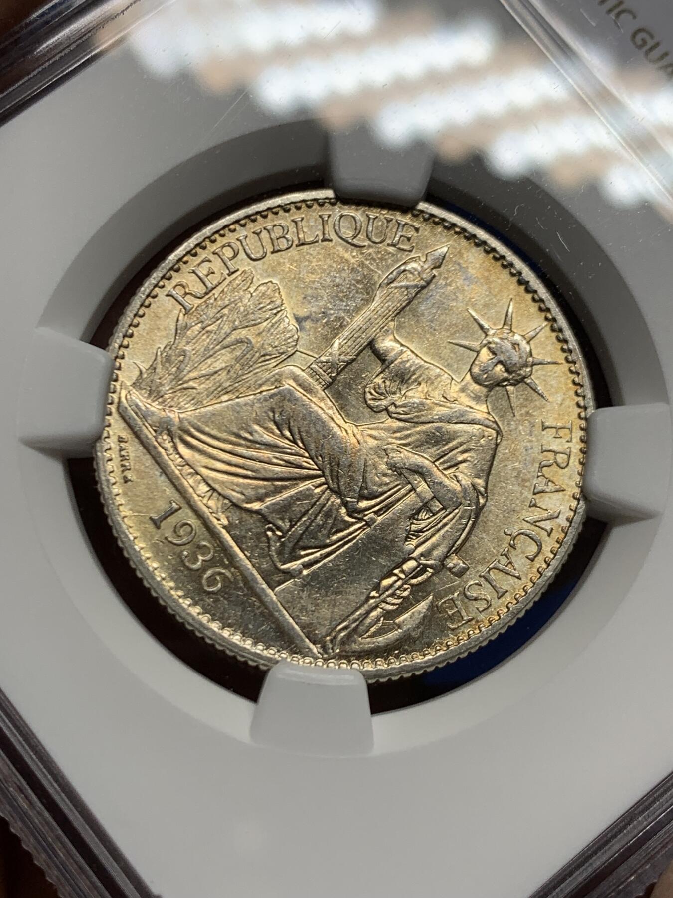 《竞宝斋》第462场 周日，周一，2场连拍 （全场包邮）欢迎送拍 NGC MS61 法属印支1936年坐洋50分银币，整体状态不错，个人认为低评了