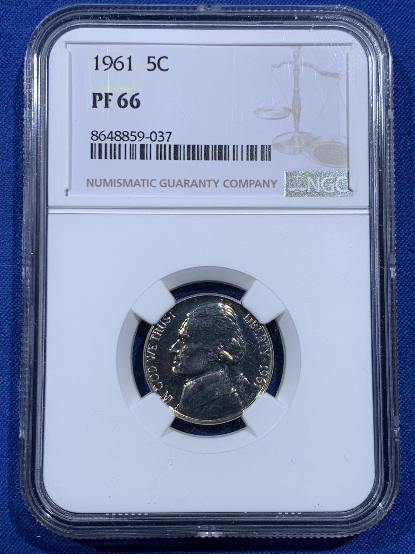 《竞宝斋》第462场 周日，周一，2场连拍 （全场包邮）欢迎送拍 NGC PF66 美国1961年杰克逊5美分镍币，少见早期精制版本，高分