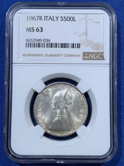 《竞宝斋》第462场 周日，周一，2场连拍 （全场包邮）欢迎送拍 - NGC MS63 意大利 1967年 帆船500里拉银币 帆船面难得的满面绚丽五彩包浆 转光鲜明