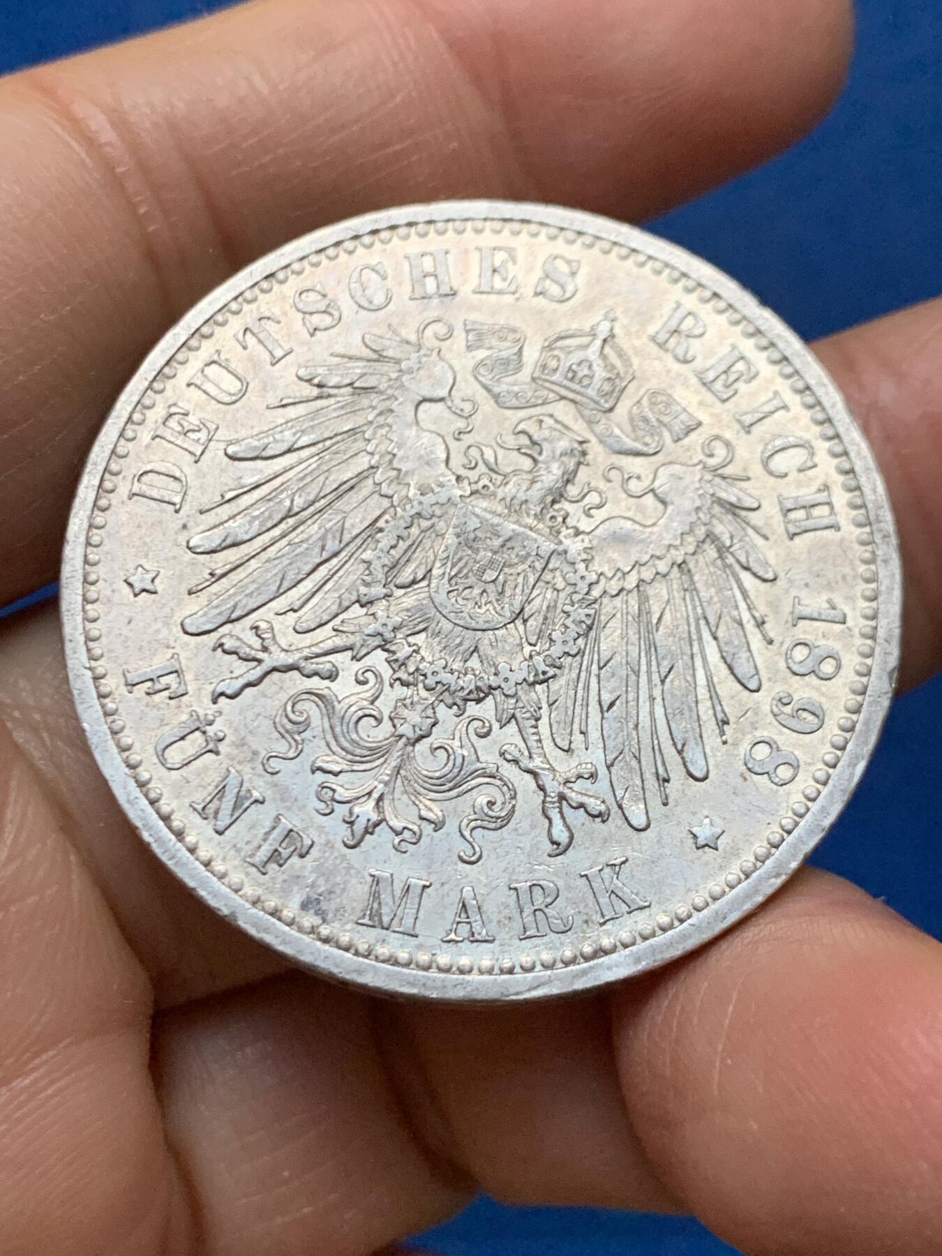 《竞宝斋》第462场 周日，周一，2场连拍 （全场包邮）欢迎送拍 德国普鲁士1898年威廉二世长翅5马克银币