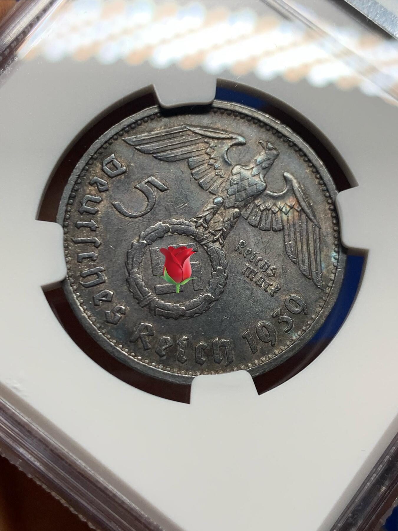 《竞宝斋》第462场 周日，周一，2场连拍 （全场包邮）欢迎送拍 NGC MS61 德国1939F兴登堡头像5马克银币，带符号，1939年是最后一年，比较少一点