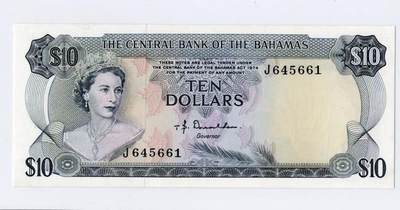 徐霞客拍卖首拍 - 	巴哈马群岛	P-38a 1974年10元				J645661	unc-纸币正面以伊丽莎白二世肖像为核心设计元素，体现英联邦国家的历史关联。该币是巴哈马独立后首批发行的法定货币，反映其政治转型与经济自主的进程。采用西班牙大帆船水印、精细雕刻凹印及多色套印技术防伪，背面的海洋生物与岛屿图案则展现巴哈马的自然地理特征。		