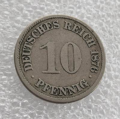 外国优质老铜币高银银币，周六九点倒数截拍，满百包邮，持续收拍 - 德国1876年10芬尼，正面铸 “DEUTSCHES REICH”、年份与面值，背面为带皇冠的德意志帝国鹰。属德意志第二帝国初期，是 1871 年德国统一后，推行统一币制、彰显帝国权威的流通货币见证。