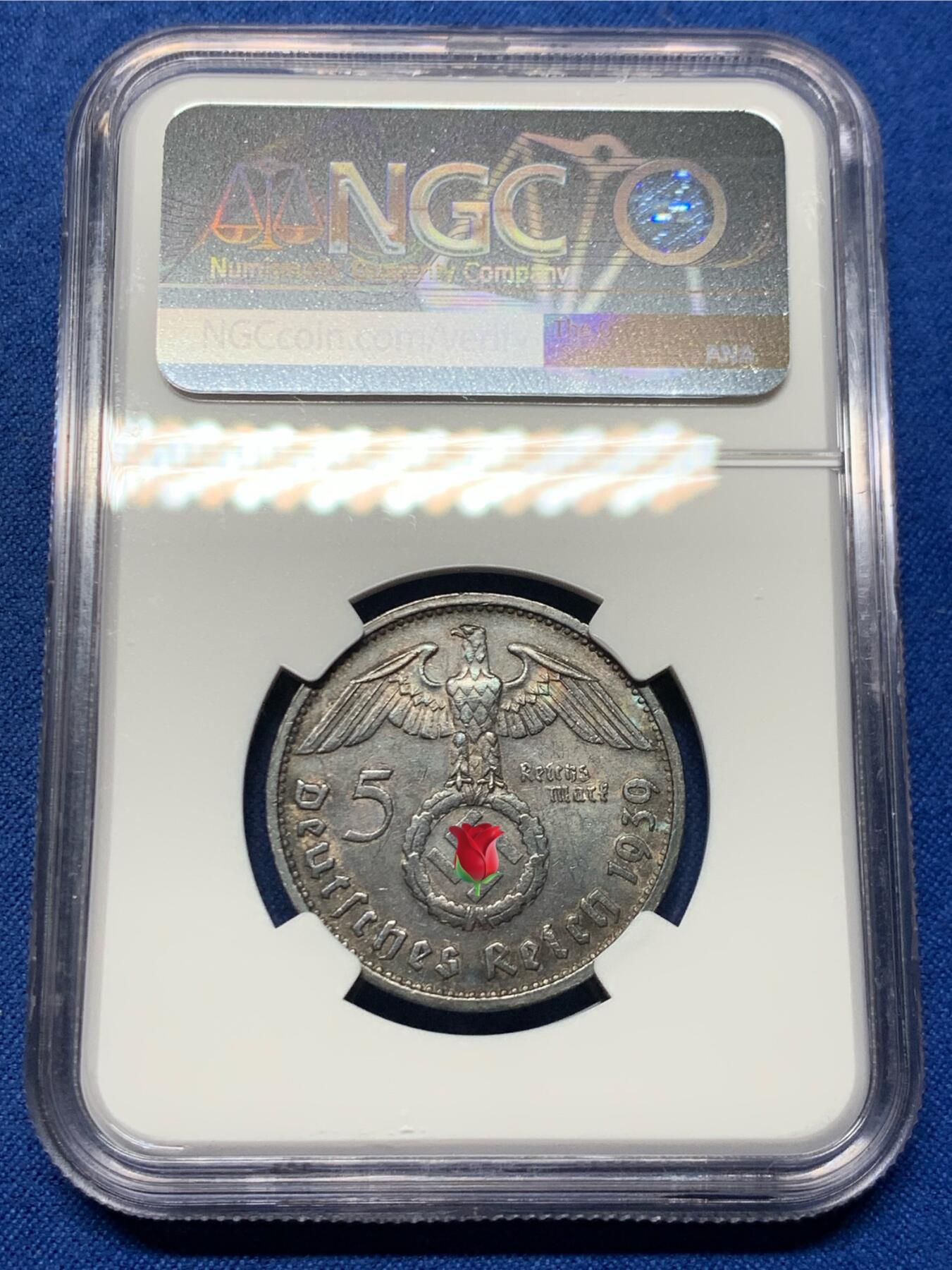 《竞宝斋》第462场 周日，周一，2场连拍 （全场包邮）欢迎送拍 NGC MS61 德国1939F兴登堡头像5马克银币，带符号，1939年是最后一年，比较少一点