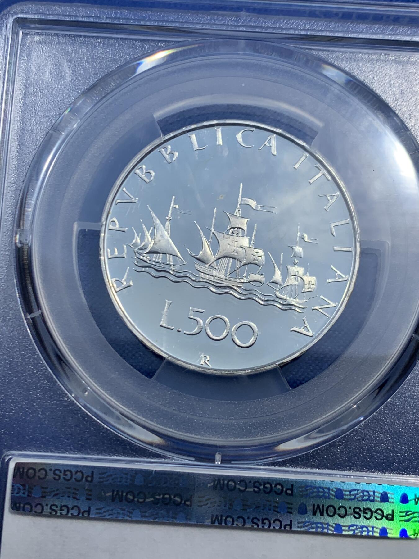 《竞宝斋》第462场 周日，周一，2场连拍 （全场包邮）欢迎送拍 亚军分 PCGS PR68DCAM 意大利 1985年 帆船少女 精制500里拉银币 首年发行的精制 镜面光十足