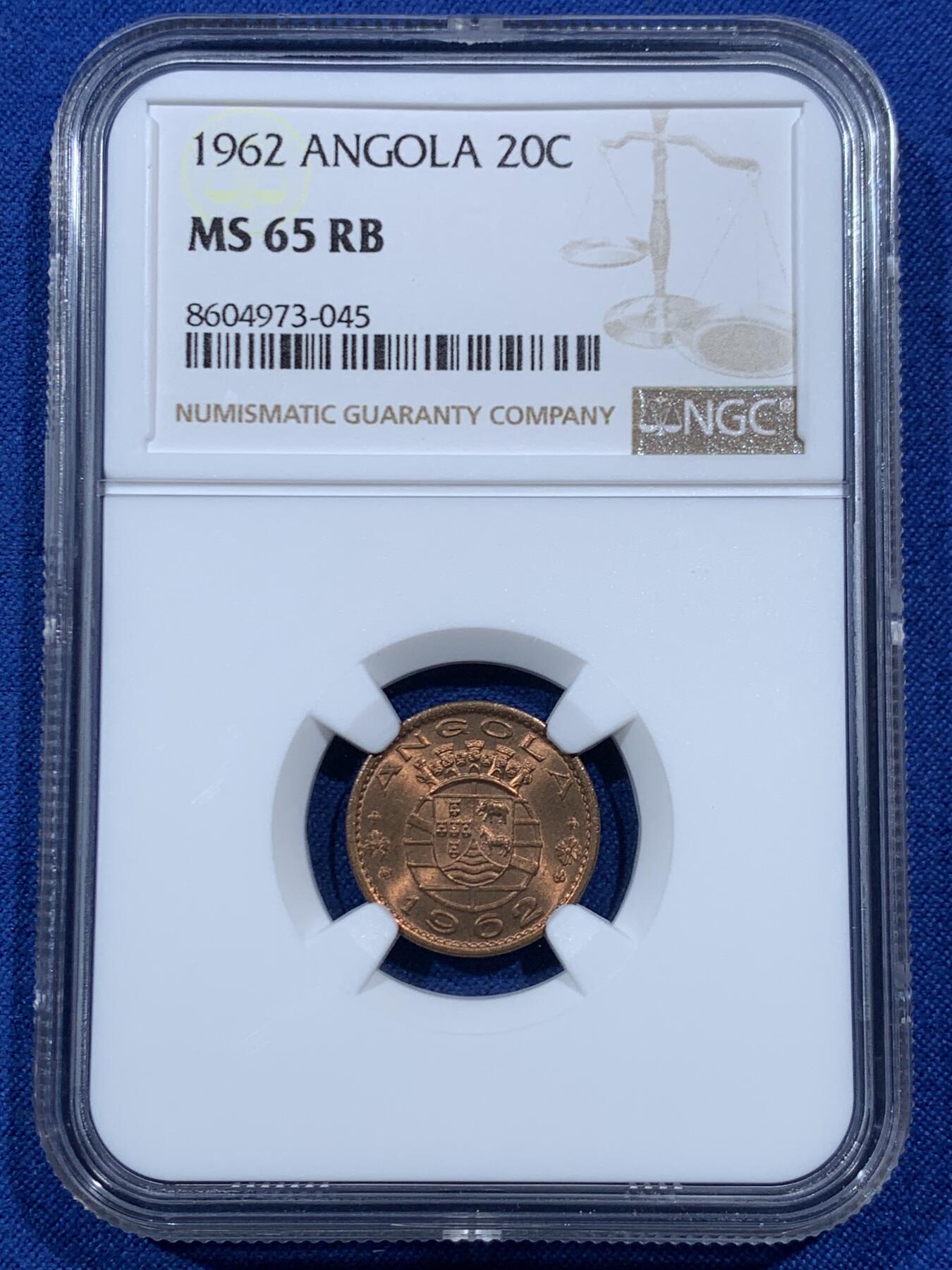 《竞宝斋》第462场 周日，周一，2场连拍 （全场包邮）欢迎送拍 NGC MS65 葡属安哥拉1962年20分铜币 亚军分