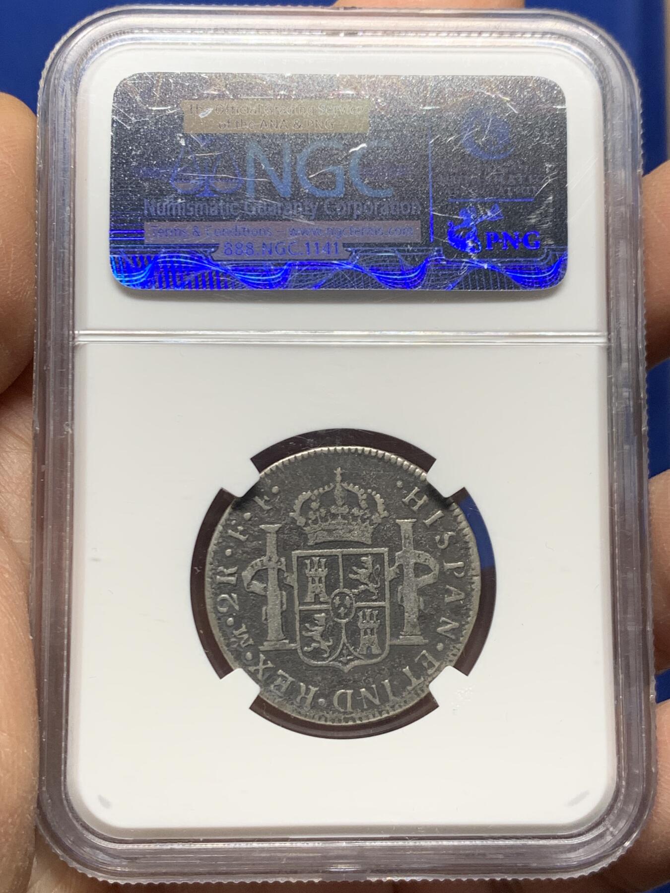 《竞宝斋》第462场 周日，周一，2场连拍 （全场包邮）欢迎送拍 NGC评级 西属墨西哥1778卡三银币2R，来自决定美国路易斯安那州命运的沉船—猎人号，这艘船的海捞币中小面值2R比8R少见的多，外拍热门品种国内少见，竞宝斋同品种海捞币曾有1300的成交纪录