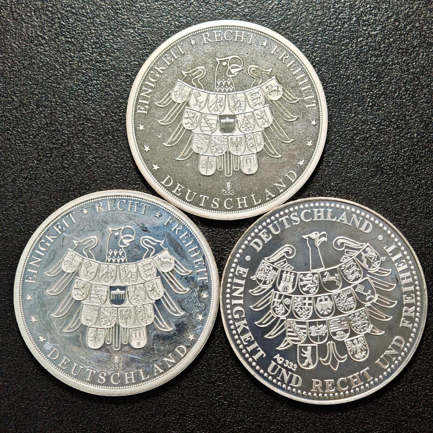 【德藏】世界币章拍卖第163期（拍品征集中~欢迎藏友联系） 3枚一组 现代德国纪念银章 333银 直径约：40mm/枚；重约：20g/枚