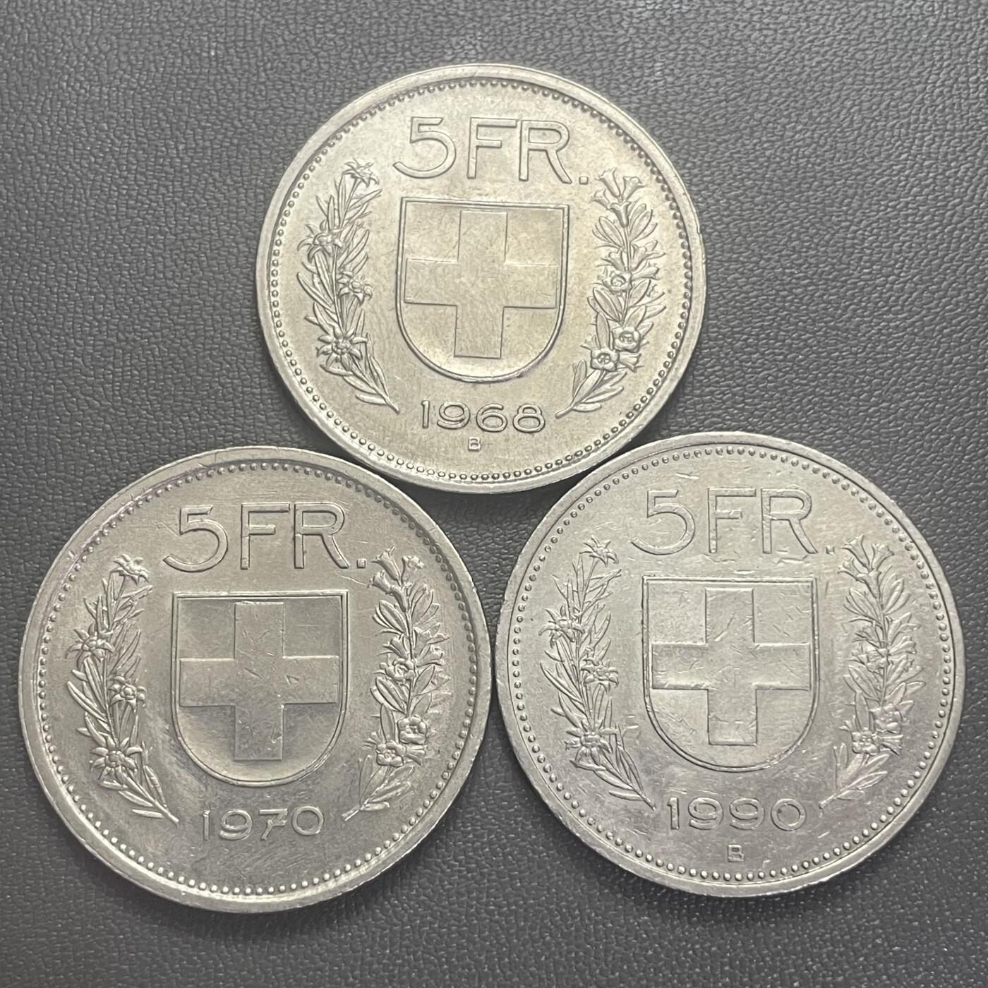 回流0201 瑞士1968、1970、1990年5瑞士法郎3枚