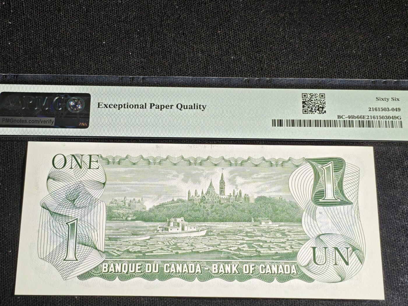 刘世昌艺术品销售中心～虎踞龙蟠*金杨在线联拍群第516期 加拿大1973年1元（PMG 66E 号码：BAU9303373）1枚。