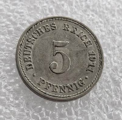 外国优质老铜币高银银币，周六九点倒数截拍，满百包邮，持续收拍 - 德意志第二帝国1911 年5芬尼A版，正面铸 “DEUTSCHES REICH”、面值与年份，背面为带皇冠的帝国鹰（A 版柏林造）。属威廉二世统治期，是一战前德国统一币制、彰显帝国权威的流通辅币，见证第二帝国晚期的经济与政治状况。
