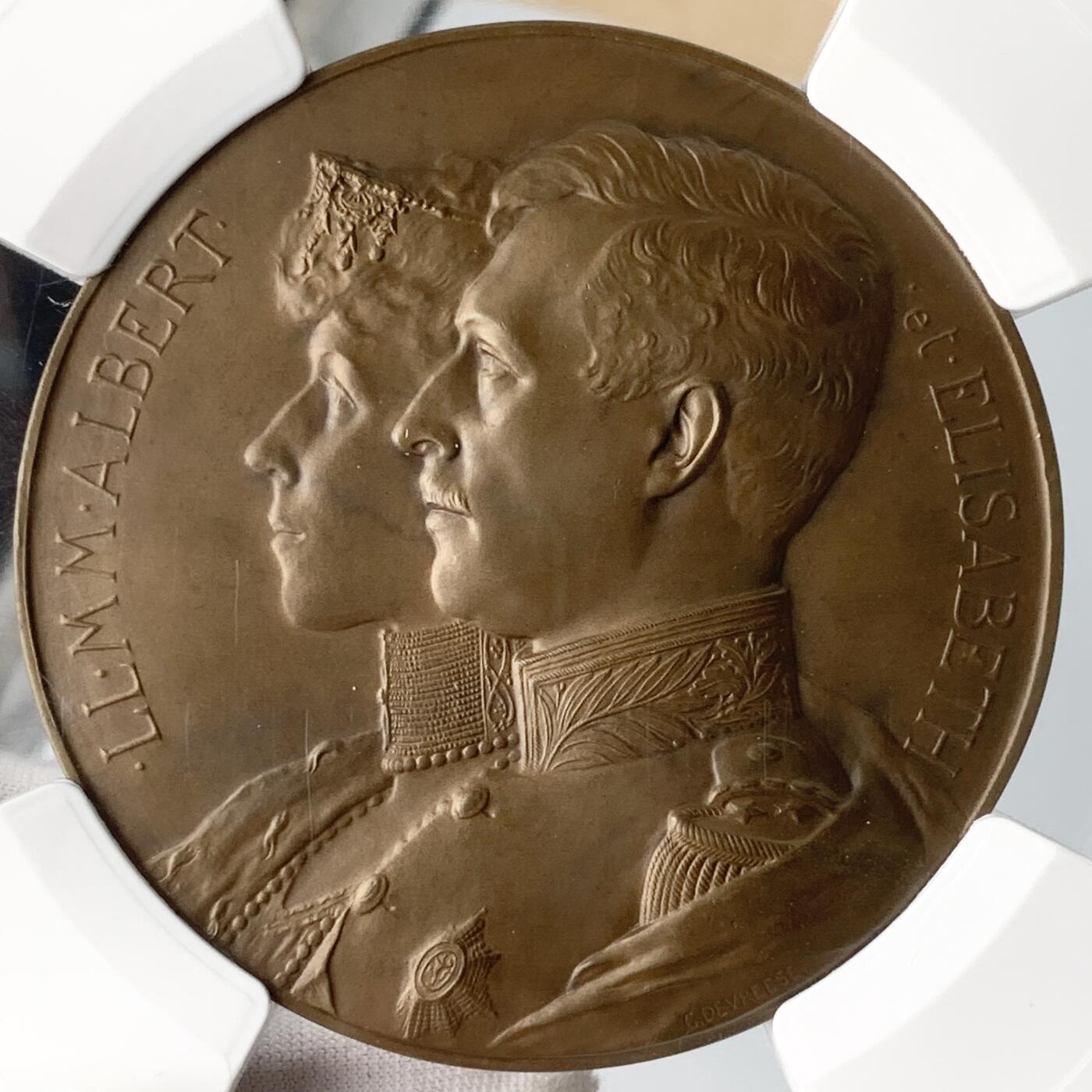 掌中浮雕-藏着的欧洲第051场 1910年比利时国王阿尔贝一世和伊丽莎白纪念铜章， 70mm