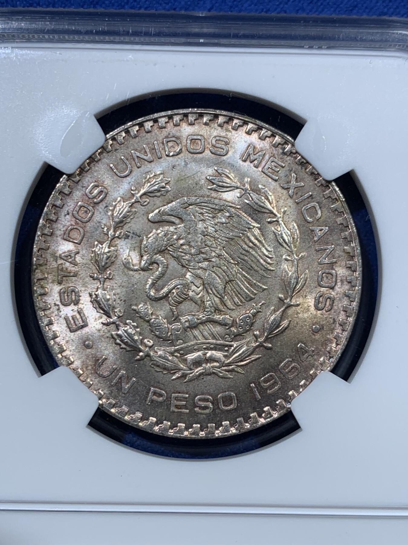 《竞宝斋》第462场 周日，周一，2场连拍 （全场包邮）欢迎送拍 NGC MS65 墨西哥1964年1比索银币，高分带彩漂亮！