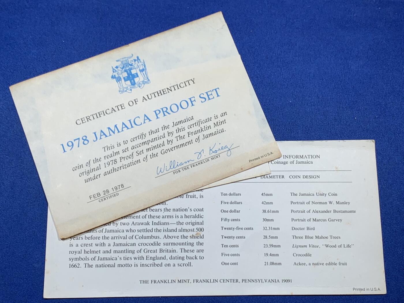 《竞宝斋》第462场 周日，周一，2场连拍 （全场包邮）欢迎送拍 1978年牙买加官方精制套币9枚，含2枚大银币，43.2g，925银；37.2g，500银 盒证齐全