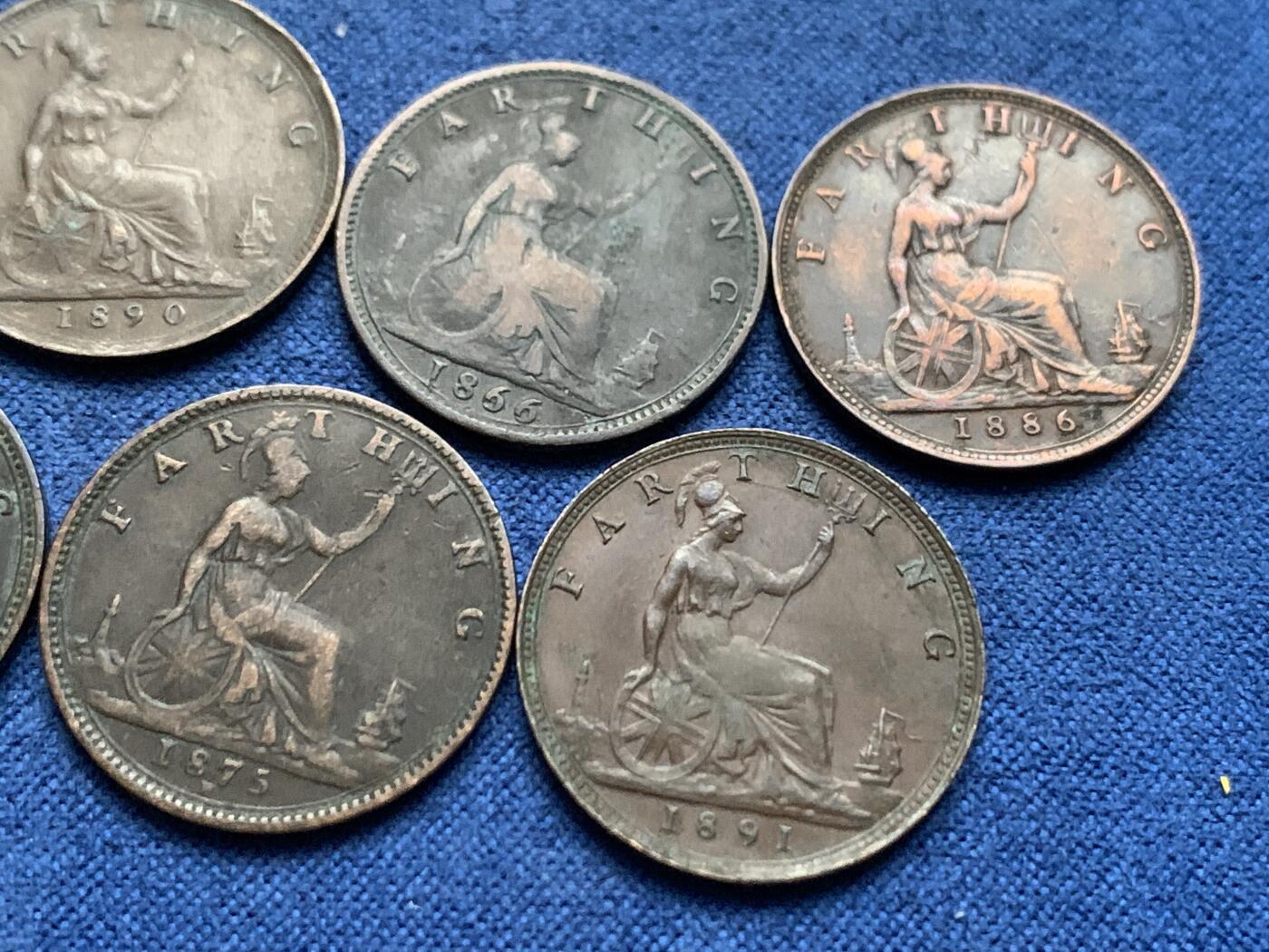 《竞宝斋》第462场 周日，周一，2场连拍 （全场包邮）欢迎送拍 六枚一组 英国1866-1891维多利亚青年到中年肖像法新铜币，颗颗不同，状态精神，收集不易。