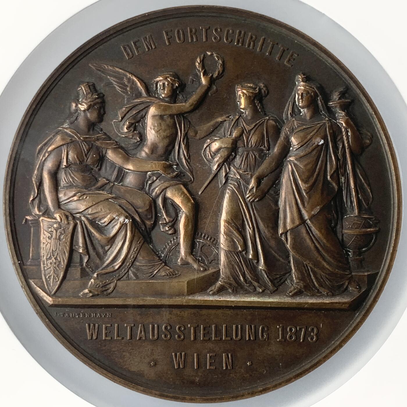 掌中浮雕-藏着的欧洲第051场 1873年奥地利维也纳世界博览会纪念大铜章，70mm，奥地利著名章牌雕刻家约瑟夫.托藤海因（Josef Tautenhayn）作品