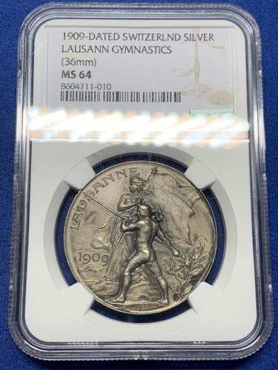 《竞宝斋》第462场 周日，周一，2场连拍 （全场包邮）欢迎送拍 - NGC MS64 1909年 瑞士洛桑 城市景观银章 少见 超燃品相