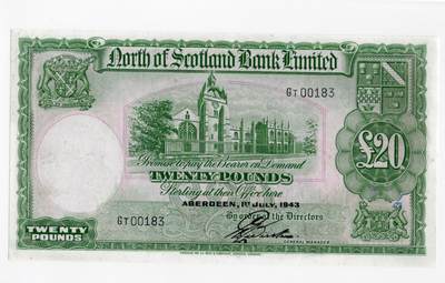 徐霞客拍卖首拍 - 苏格兰/北方银行有限公司	P-S646 1943年20镑	品相如图，大票幅	GT00183	二战时期苏格兰私人发钞行的珍贵遗存。它以阿伯丁圣马查尔大教堂为核心图案，融合了苏格兰纹章与复杂的几何防伪花纹，保留了“承诺按需兑换”的古老金融表述。作为战时稀缺货币，存世量极少，是苏格兰金融史与二战历史的双重见证。			
