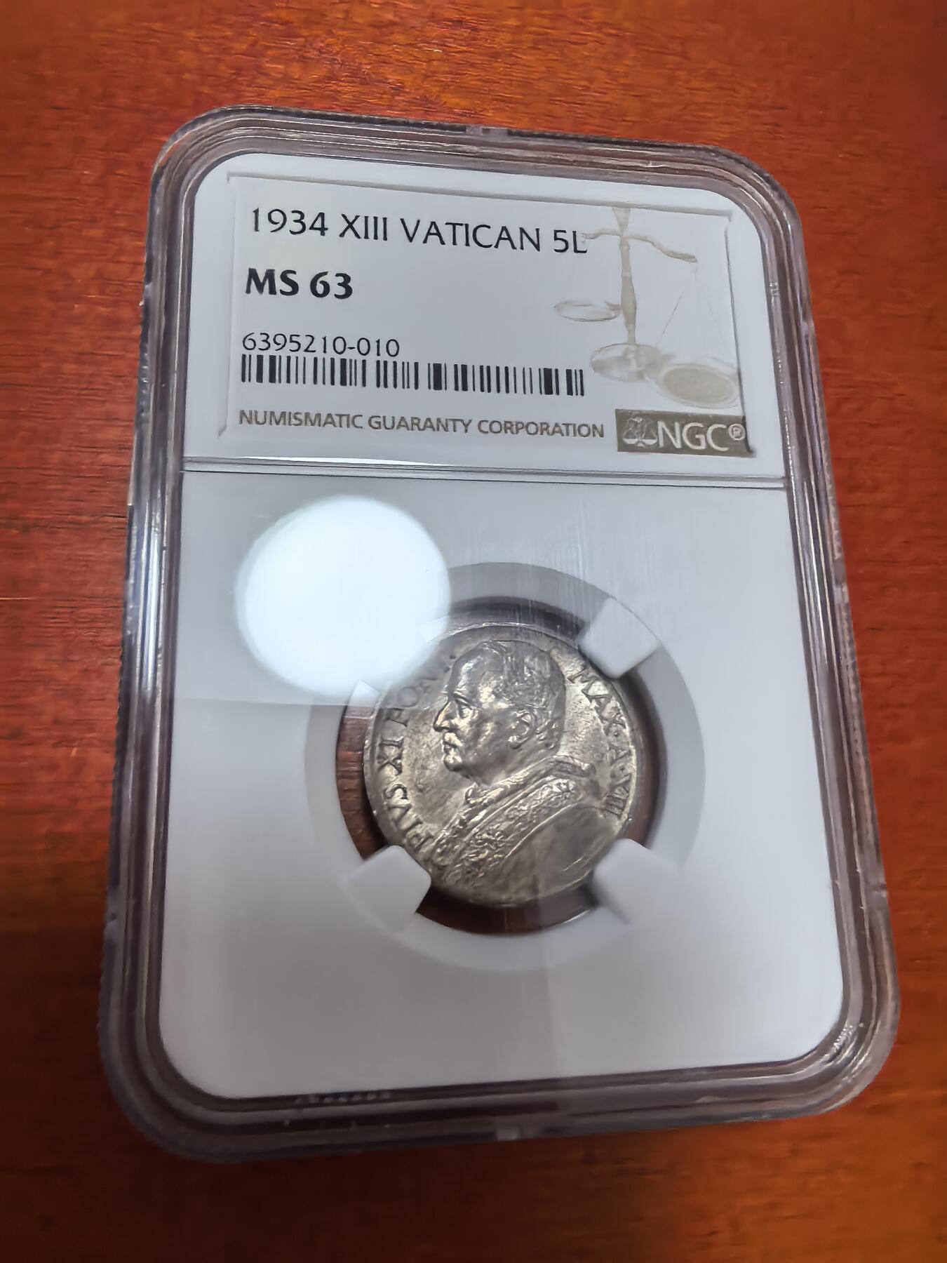 长老汇蛇年精选第九十六场拍卖 1934梵蒂冈教皇庇护十一世划船5里拉银币，NGC MS63，亚军，更高1枚