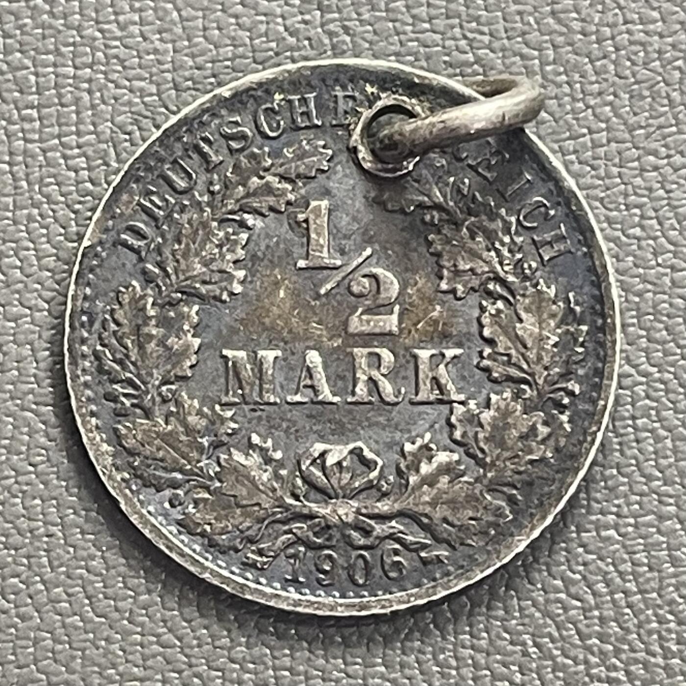 回流0201 德意志帝国1906年1/2马克银币 银价2.77*90%*24=60元
