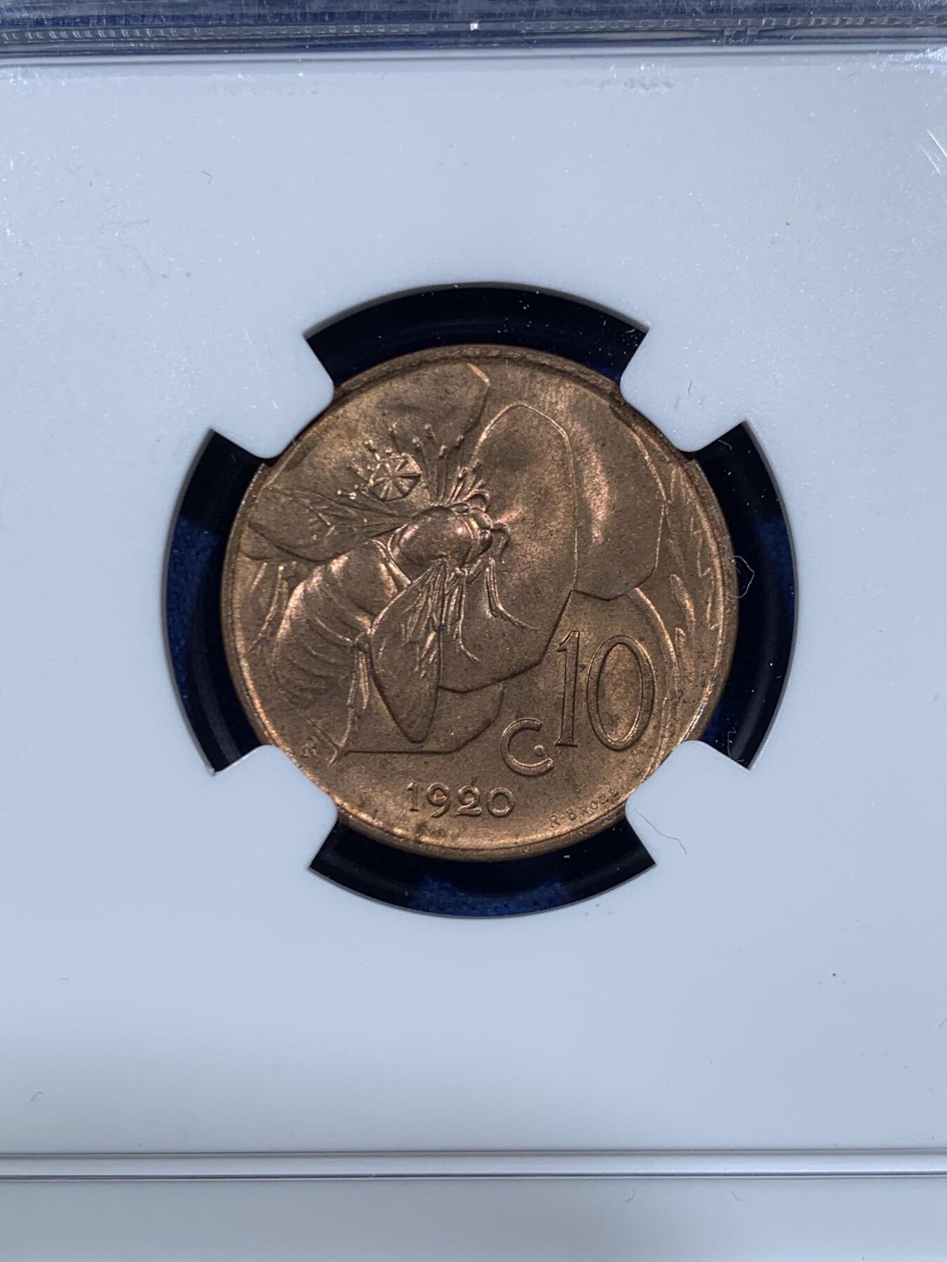 《竞宝斋》第462场 周日，周一，2场连拍 （全场包邮）欢迎送拍 NGC MS64RB 意大利小蜜蜂1920年10分，古典主义风格代表作品，极美的设计，原铜光不容易