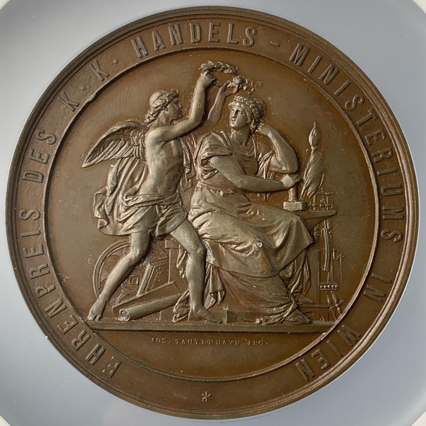 掌中浮雕-藏着的欧洲第051场 1884年奥地利皇家商务纪念铜章，57mm，奥地利著名章牌雕刻家约瑟夫.托藤海因（Josef Tautenhayn）作品