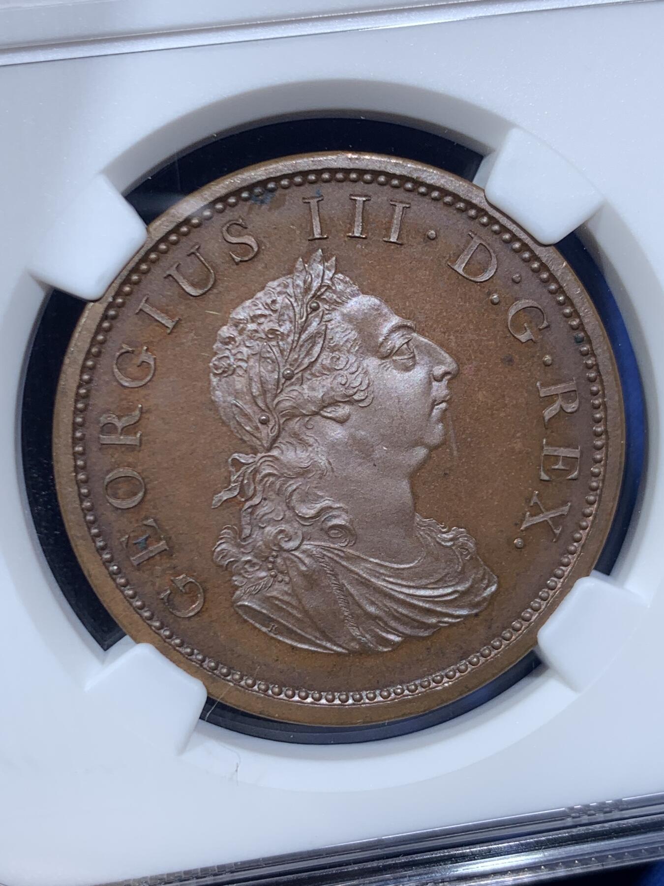 《竞宝斋》第462场 周日，周一，2场连拍 （全场包邮）欢迎送拍 NGC PF65BN 爱尔兰 1805 乔三竖琴1便士大铜精铸 Küchler雕模，SOHO出品，运用了当时最先进的蒸汽动力压铸机，现代铸币史上的里程碑品种