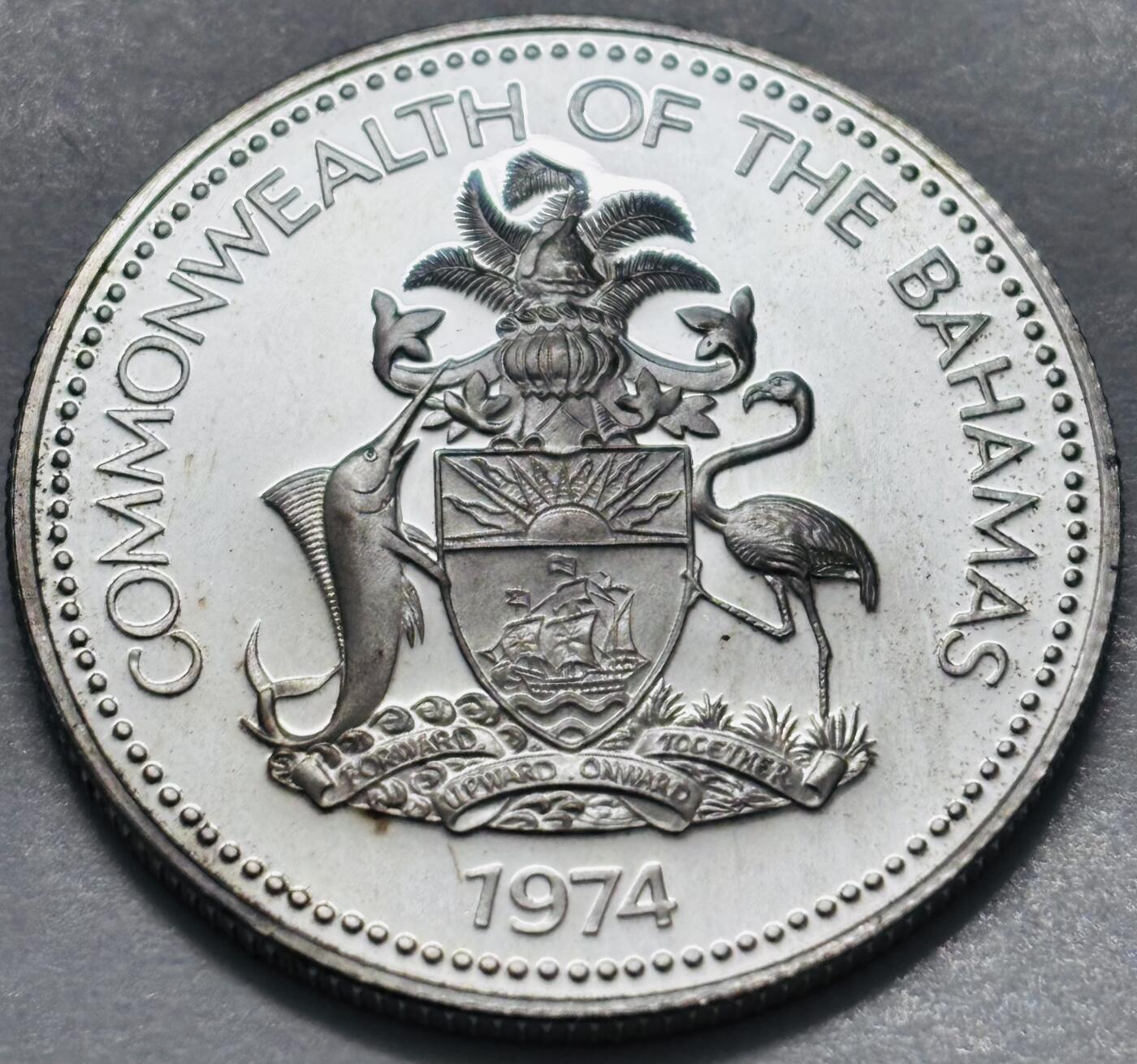 文馨钱币收藏 2026新年第五场（第 291 场）【长期接代拍品】 全新 1974 年巴哈马剑鱼 50 分精制银币，10.37 克 800 银，按银价算10.37×0.8×25=207.4