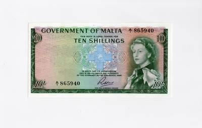 徐霞客拍卖首拍 - 马耳他	P-25 1963年10先令		A/1 865940	unc-	这是马耳他政府依据1949年《货币纸币法令》发行的10先令纸币，正面为伊丽莎白二世女王肖像与标志性马耳他十字图案，是英殖民时期马耳他战后重建阶段的法定流通货币，兼具历史纪念意义与稀缺性，作为英联邦属地货币体系的重要实物，收藏价值突出。	