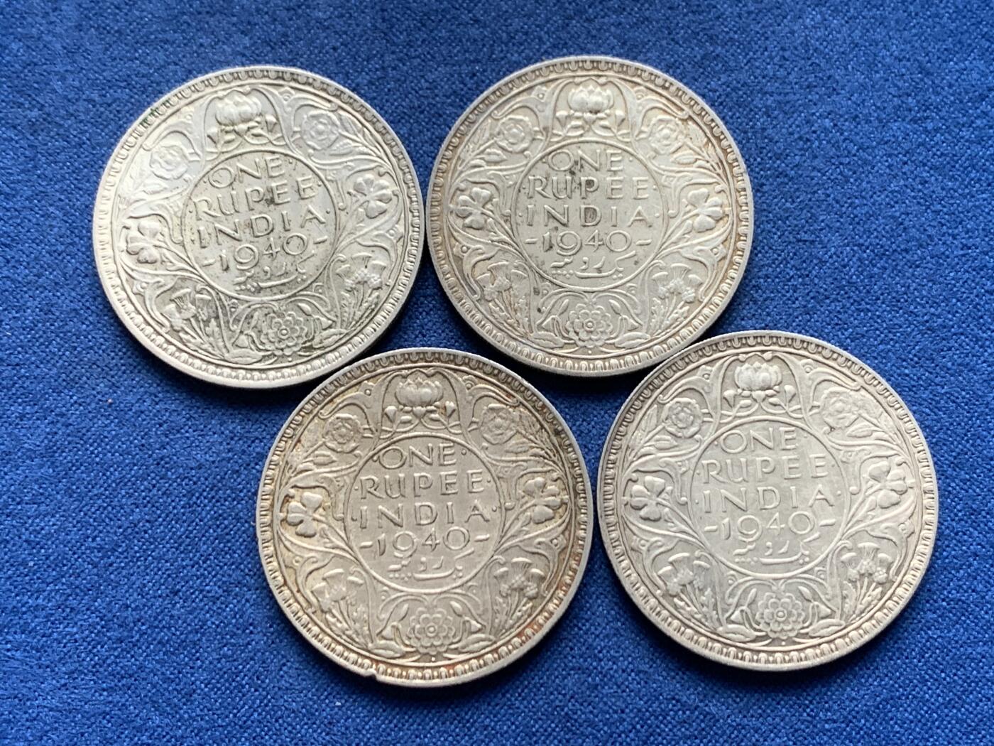 《竞宝斋》第462场 周日，周一，2场连拍 （全场包邮）欢迎送拍 四枚一组 印度1940年乔治六世1卢比银币 总重46.3克