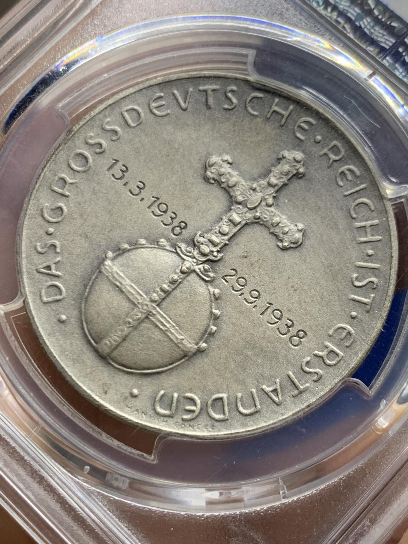 《竞宝斋》第462场 周日，周一，2场连拍 （全场包邮）欢迎送拍 PCGS SP65 德国 1938年 民族社会主义工人党纪念吞并奥地利银章 名誉高浮雕