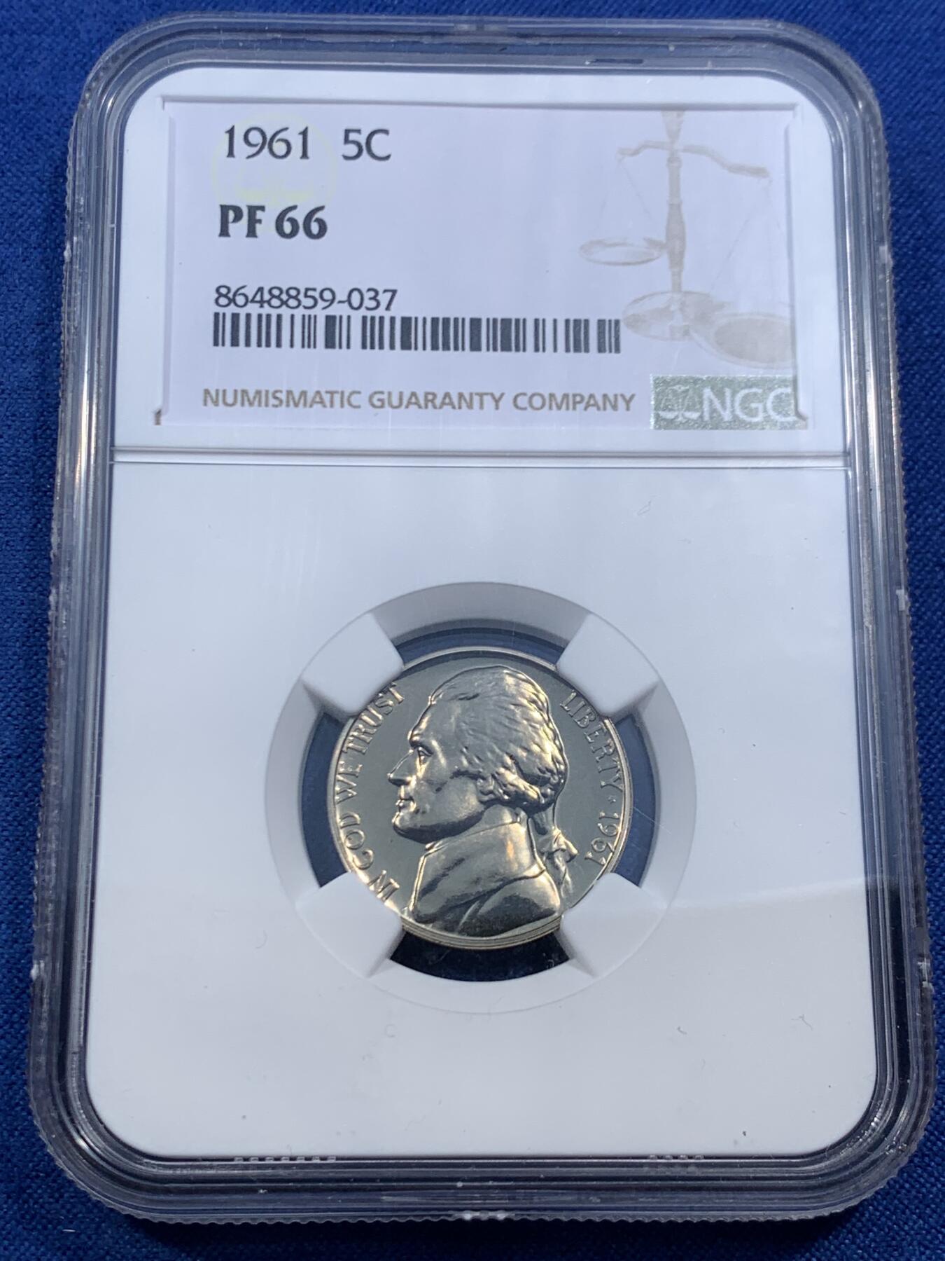 《竞宝斋》第462场 周日，周一，2场连拍 （全场包邮）欢迎送拍 NGC PF66 美国1961年杰克逊5美分镍币，少见早期精制版本，高分