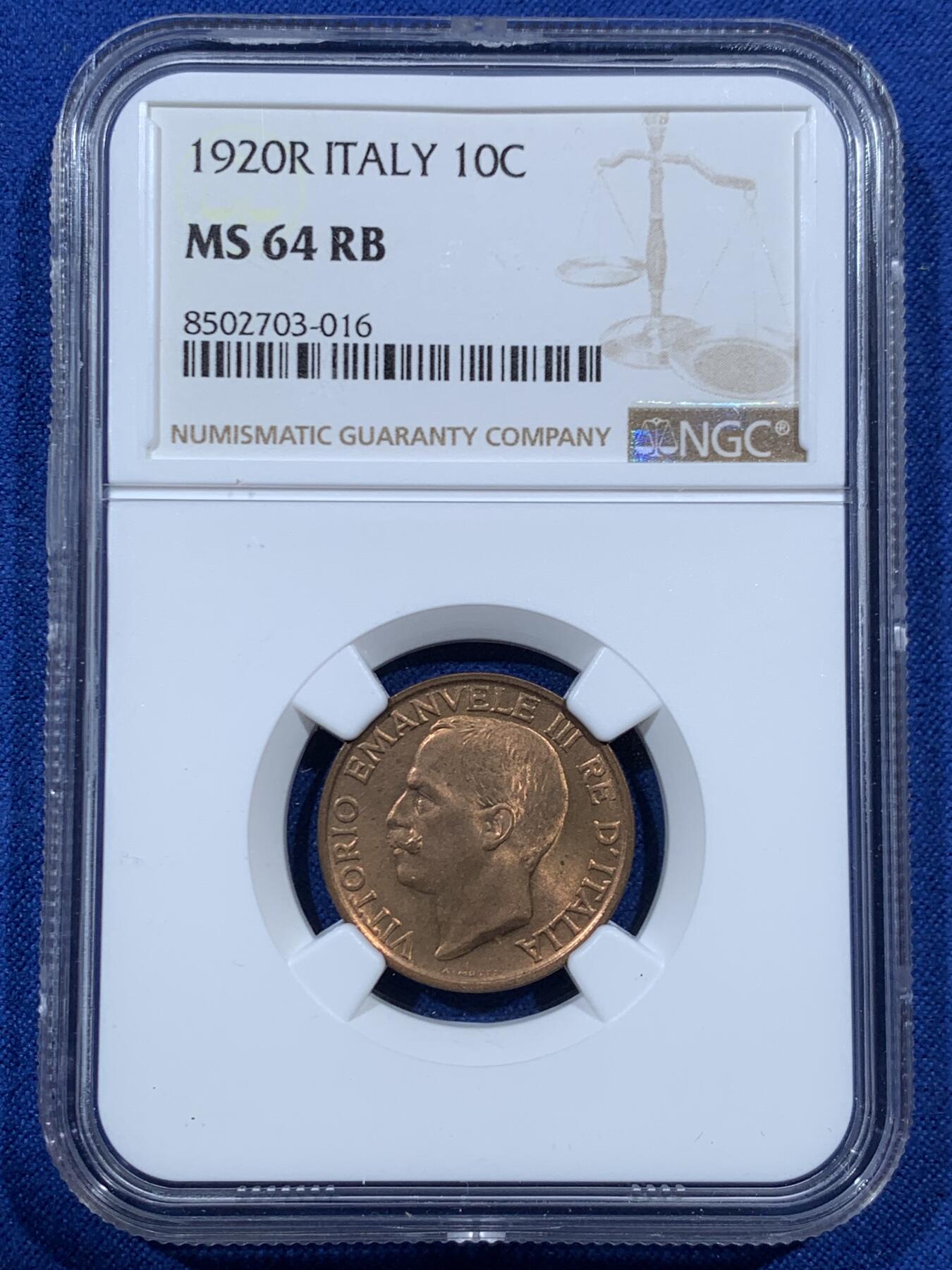 《竞宝斋》第462场 周日，周一，2场连拍 （全场包邮）欢迎送拍 NGC MS64RB 意大利小蜜蜂1920年10分，古典主义风格代表作品，极美的设计，原铜光不容易