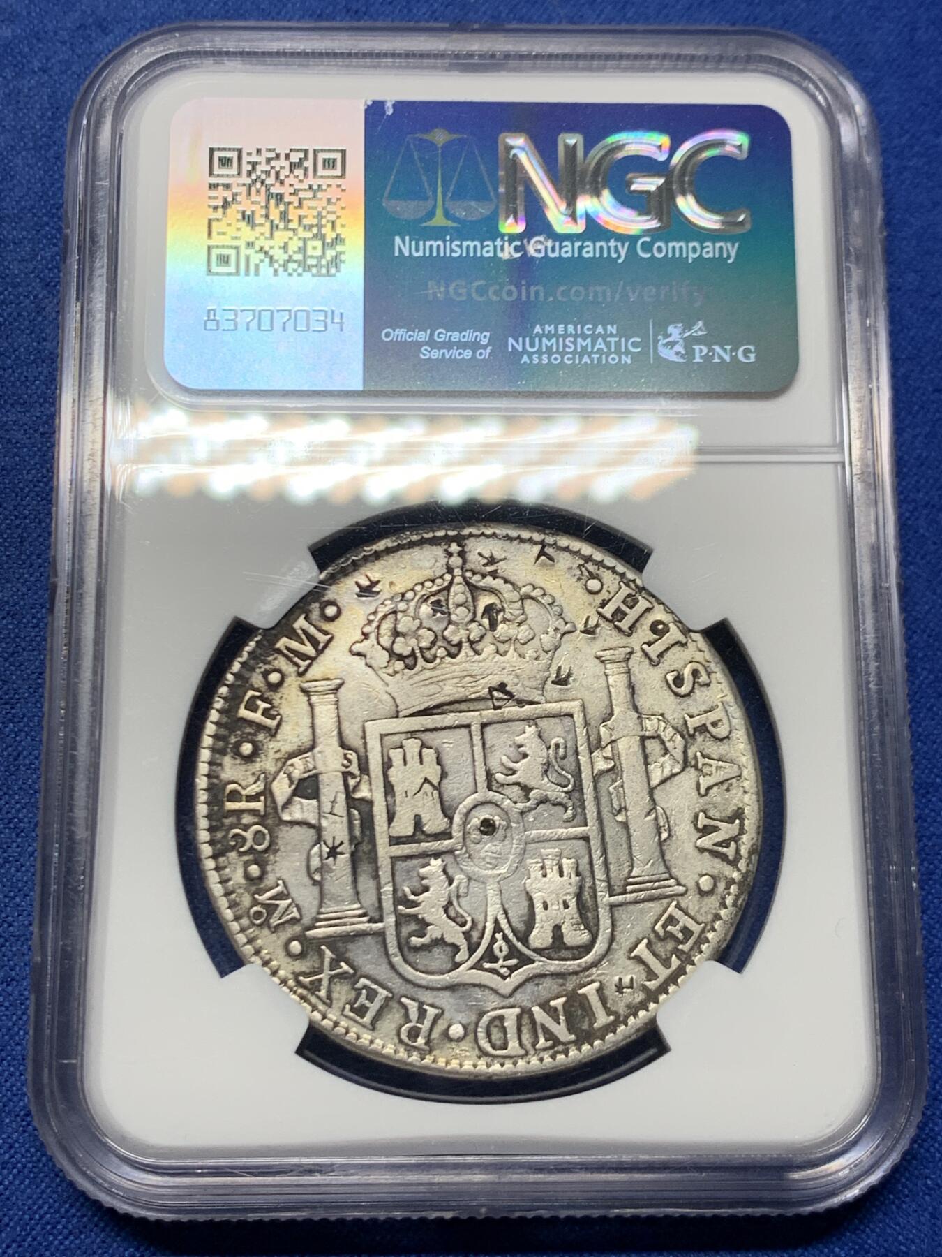 《竞宝斋》第462场 周日，周一，2场连拍 （全场包邮）欢迎送拍 NGC评级 墨西哥1789年卡洛斯四世双柱8R 稀少过渡版，卡三头像卡四名字，多戳，装盒真假无忧