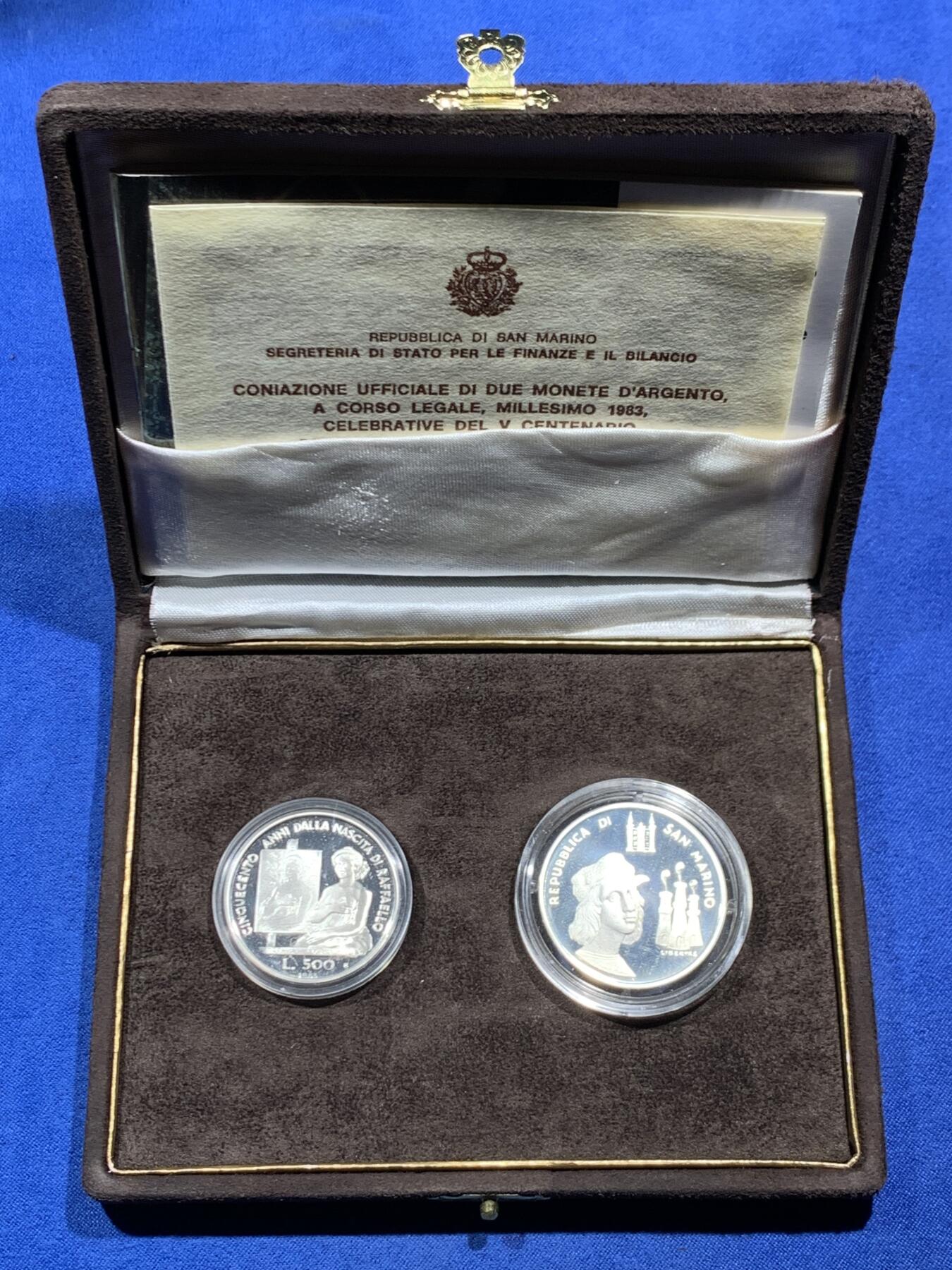 《竞宝斋》第462场 周日，周一，2场连拍 （全场包邮）欢迎送拍 圣马力诺 1983年 835精制银币套币 少见的麂皮封装盒 500里拉11克 1000里拉14.6克
