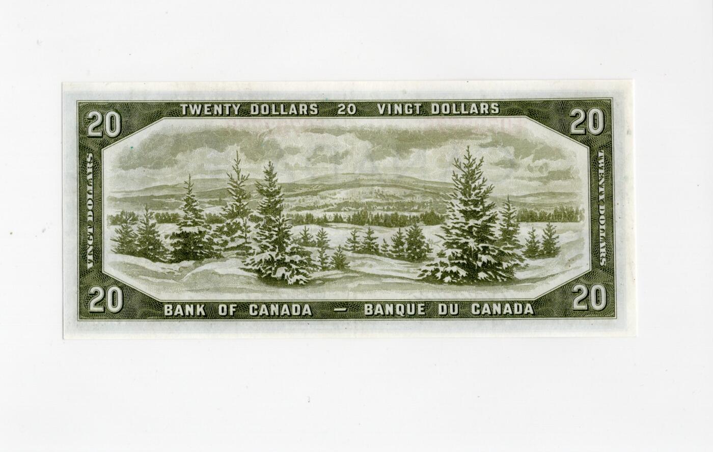 徐霞客拍卖首拍 加拿大	P-70b 1954年20法郎 魔鬼脸		E/E 0792776	加拿大银行1954年版20元纸币，因女王头发暗纹形似“魔鬼脸”成收藏热点。正面伊丽莎白二世像配英法双语面额，属“加拿大风景”系列，见证战后加国货币体系发展。采用雕刻凹印、双色套印及肖像水印防伪，背面景观尽显本土自然特色。			