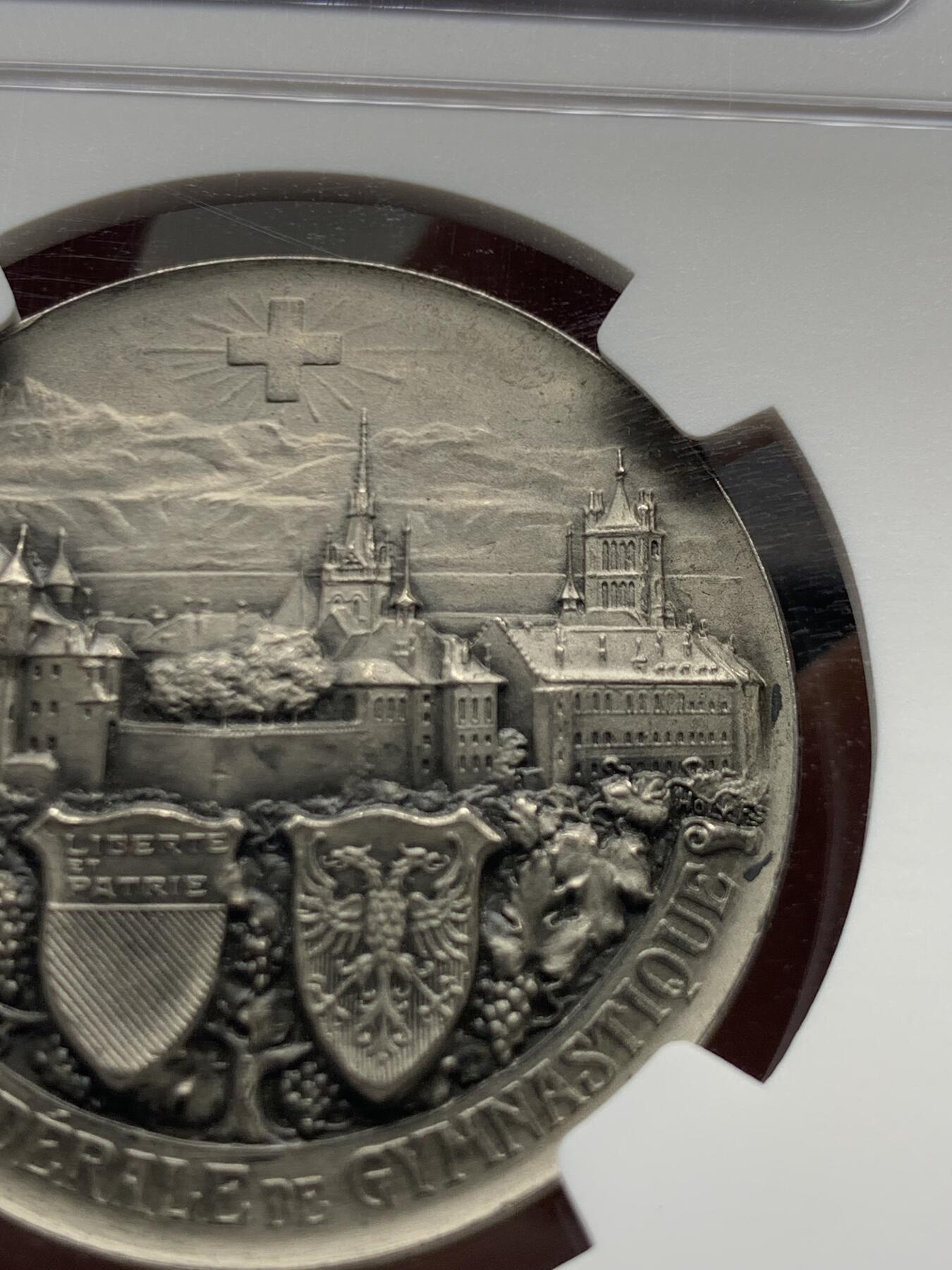 《竞宝斋》第462场 周日，周一，2场连拍 （全场包邮）欢迎送拍 NGC MS64 1909年 瑞士洛桑 城市景观银章 少见 超燃品相