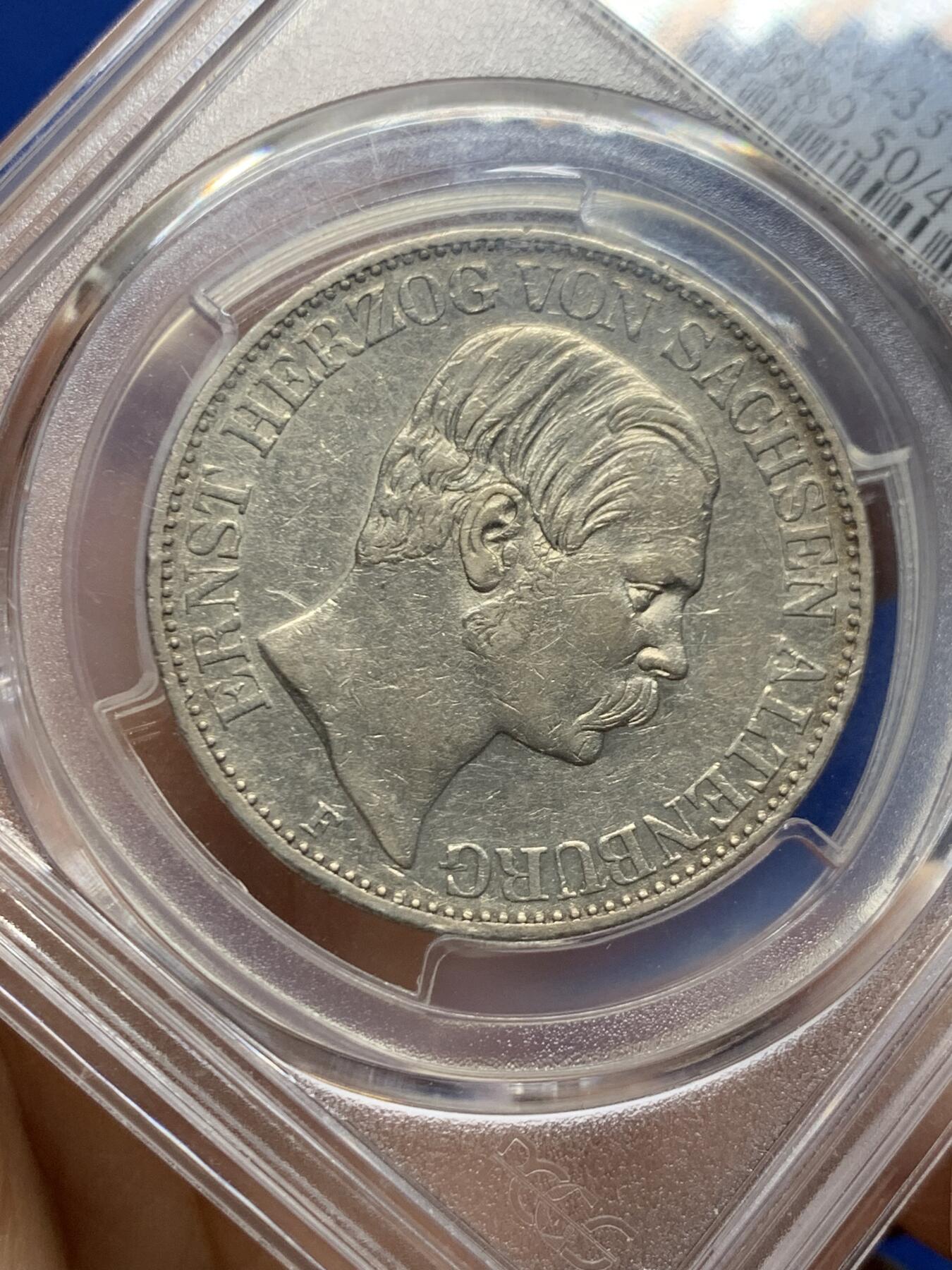 《竞宝斋》第462场 周日，周一，2场连拍 （全场包邮）欢迎送拍 PCGS AU50 萨克森-阿尔滕堡公国 1858 泰勒银币 小邦品种 铸造量仅31872枚 背面支撑小磕