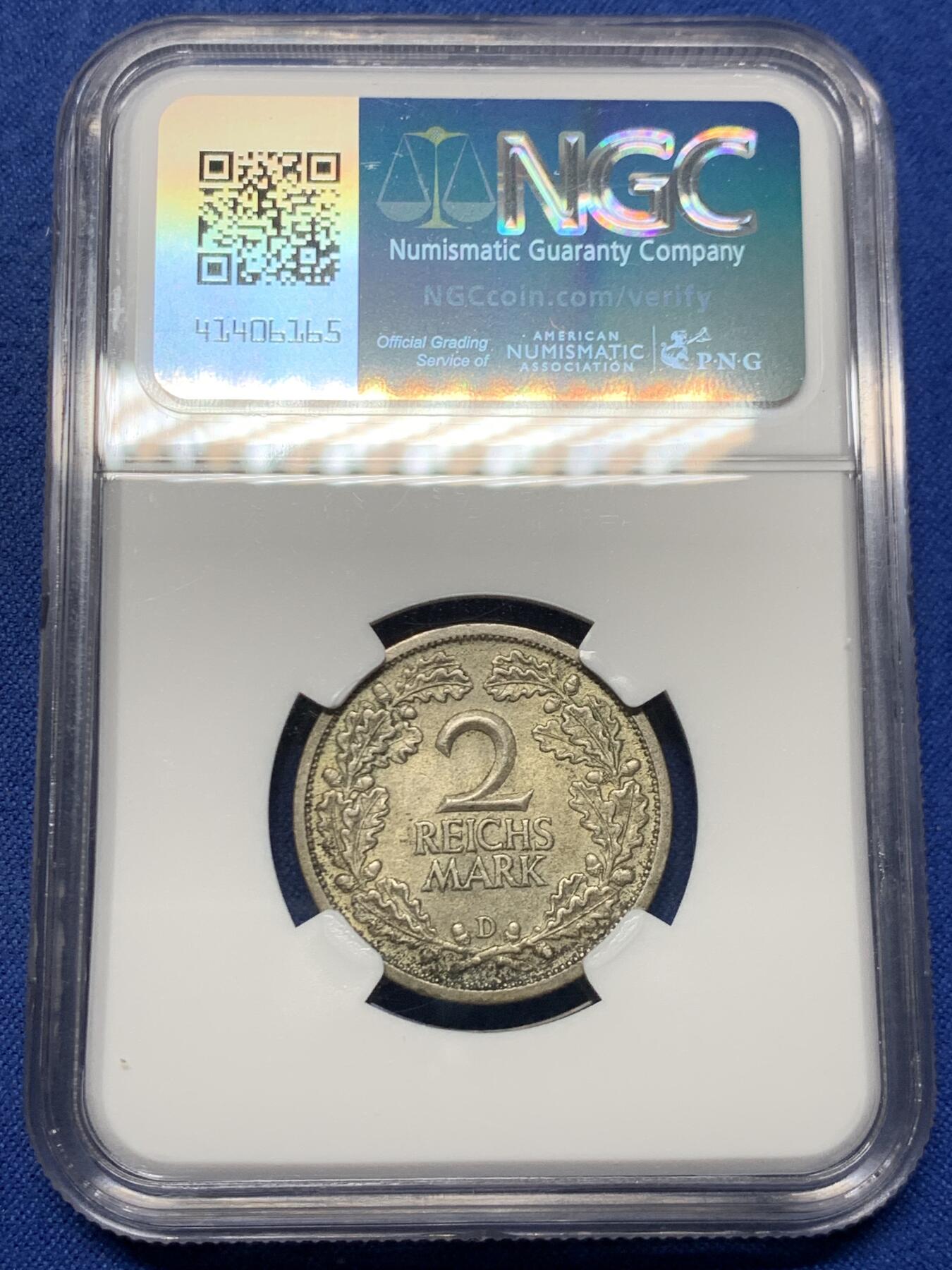 《竞宝斋》第462场 周日，周一，2场连拍 （全场包邮）欢迎送拍 NGC MS62 德国魏玛共和国1926年2马克银币 自然包浆非常养眼 高点均在