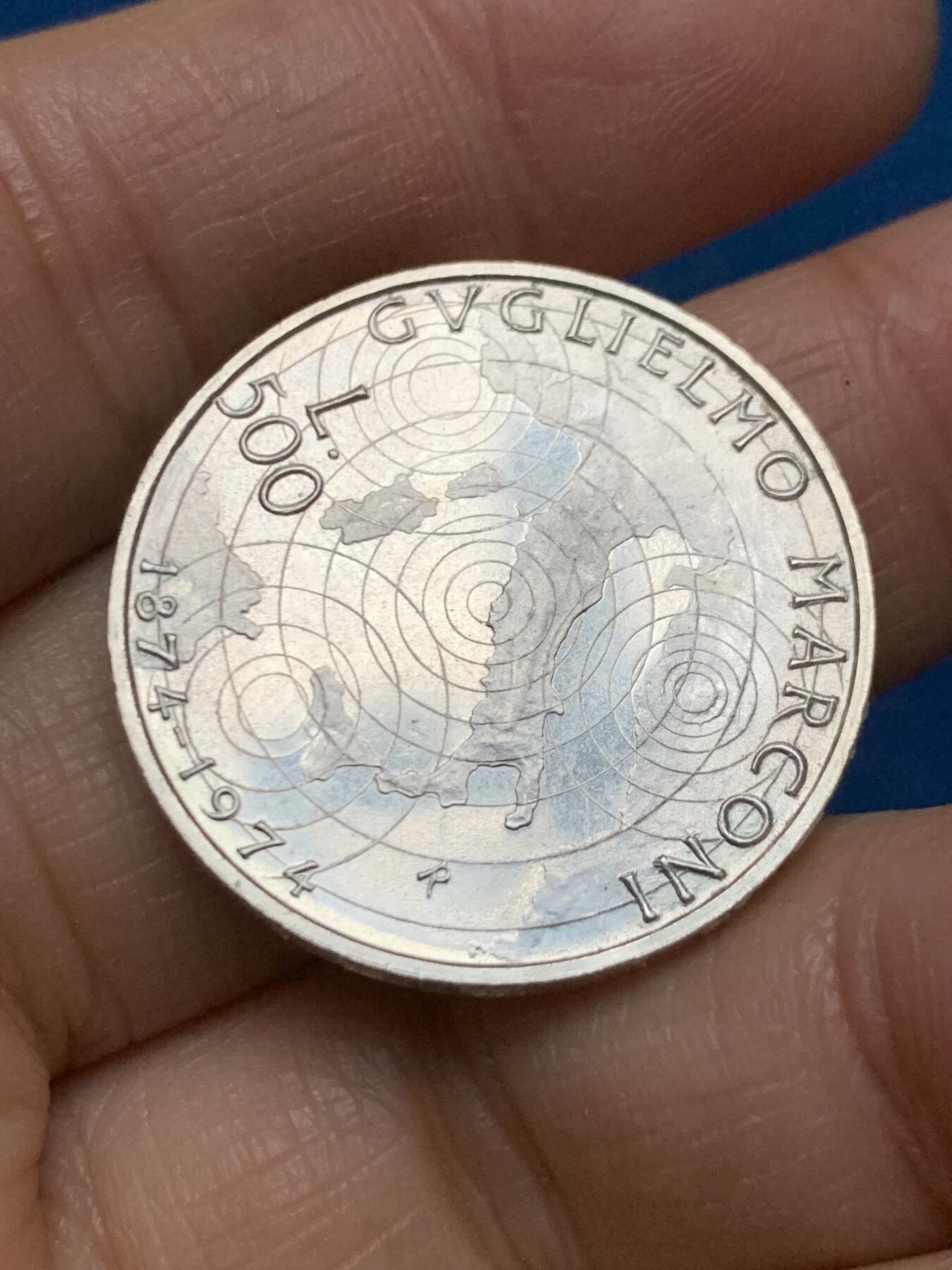 《竞宝斋》第462场 周日，周一，2场连拍 （全场包邮）欢迎送拍 意大利1974年马可尼500里拉银币，10.95g，835银