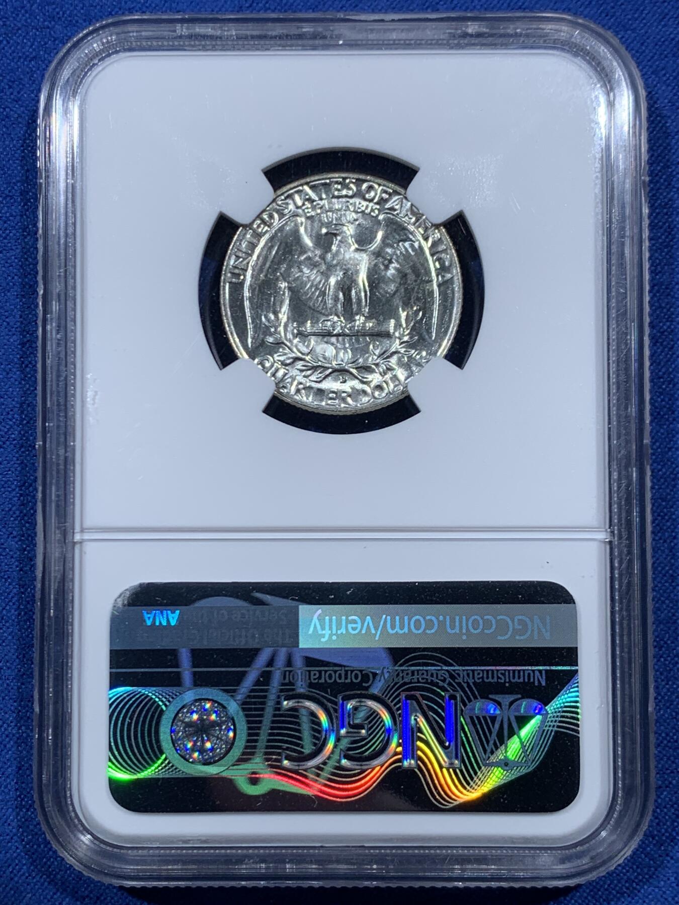 《竞宝斋》第462场 周日，周一，2场连拍 （全场包邮）欢迎送拍 NGC MS64 美国1957年华盛顿头像25分银币 状态非常好