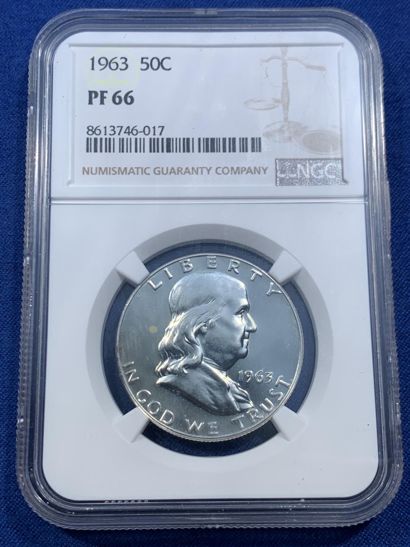 《竞宝斋》第462场 周日，周一，2场连拍 （全场包邮）欢迎送拍 NGC PF66 美国1963年富兰克林50美分银币，高分，NGC参考价50美元