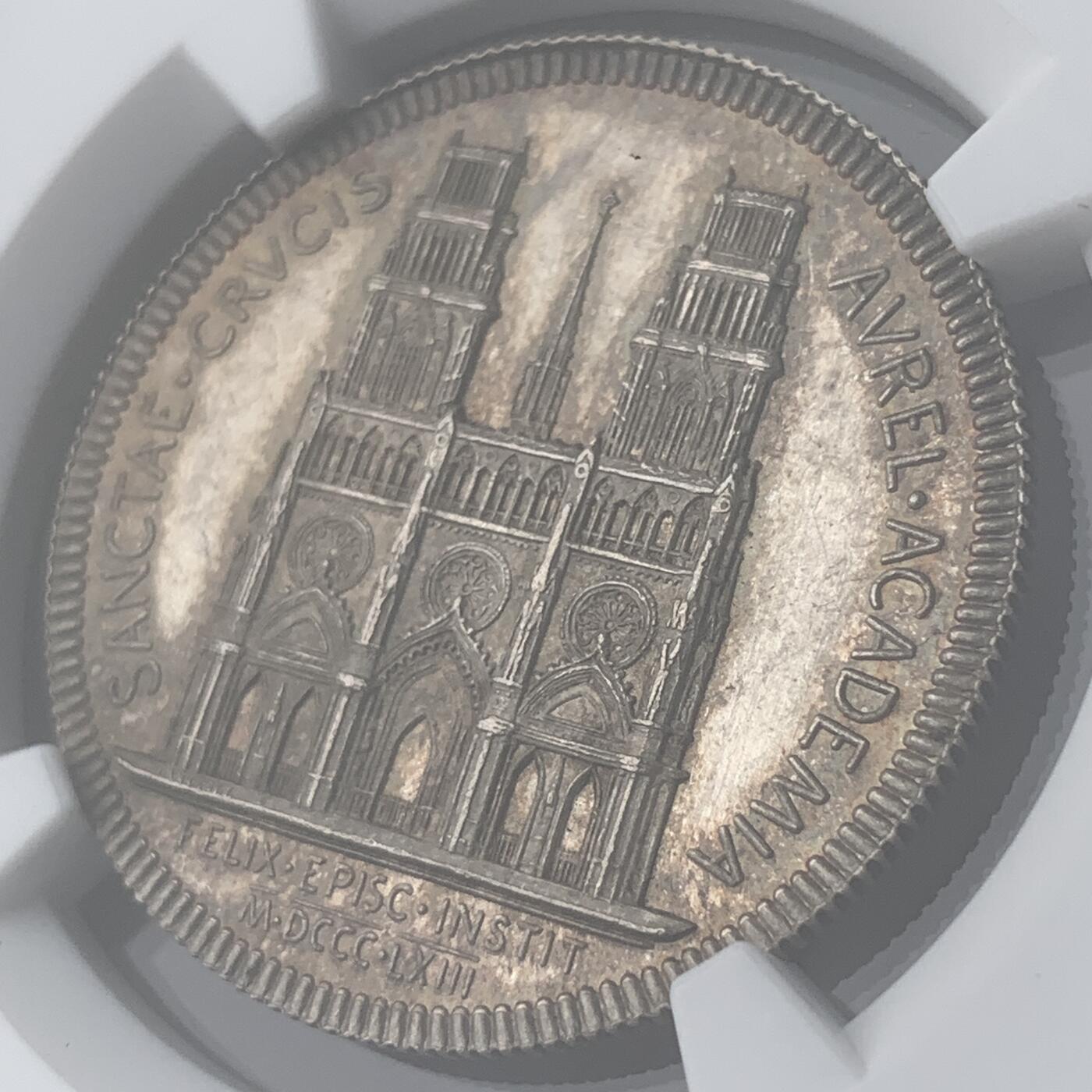 掌中浮雕-藏着的欧洲第051场 NGC MS65 : 1863年法国卢瓦尔省奥尔良圣十字学院纪念银章 ,32mm
