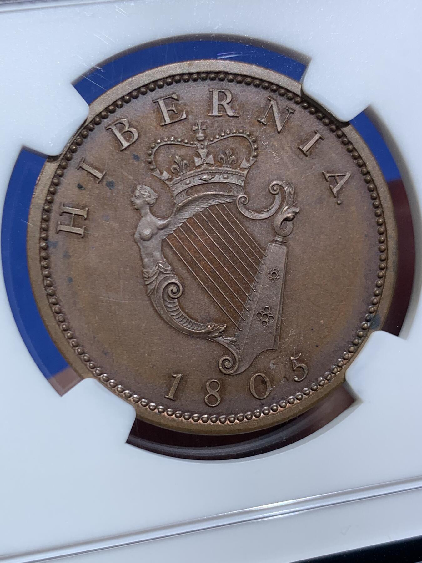 《竞宝斋》第462场 周日，周一，2场连拍 （全场包邮）欢迎送拍 NGC PF65BN 爱尔兰 1805 乔三竖琴1便士大铜精铸 Küchler雕模，SOHO出品，运用了当时最先进的蒸汽动力压铸机，现代铸币史上的里程碑品种