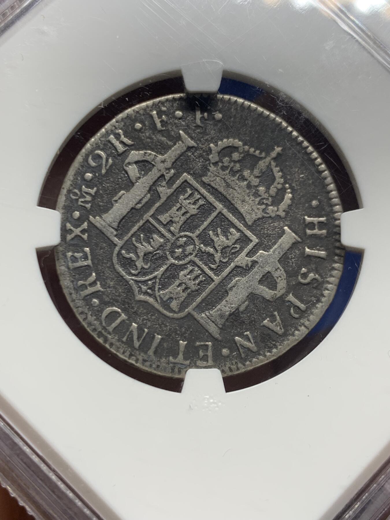 《竞宝斋》第462场 周日，周一，2场连拍 （全场包邮）欢迎送拍 NGC评级 西属墨西哥1778卡三银币2R，来自决定美国路易斯安那州命运的沉船—猎人号，这艘船的海捞币中小面值2R比8R少见的多，外拍热门品种国内少见，竞宝斋同品种海捞币曾有1300的成交纪录